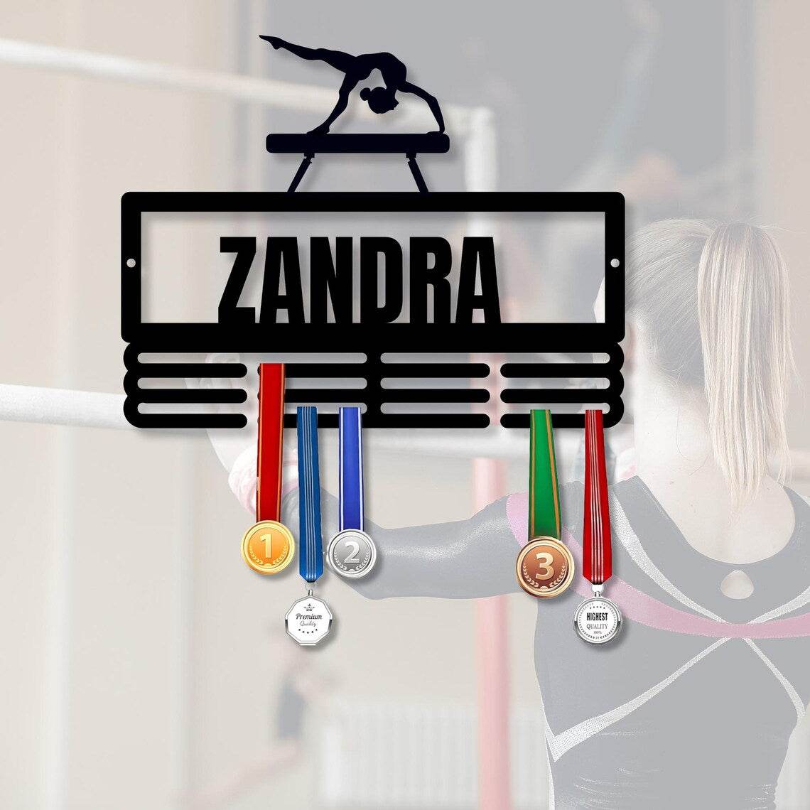 Personalized Gymnastics Medal Holder – Custom Wall Rack for Displaying Gymnast Awards and Medals - Champion Hanger