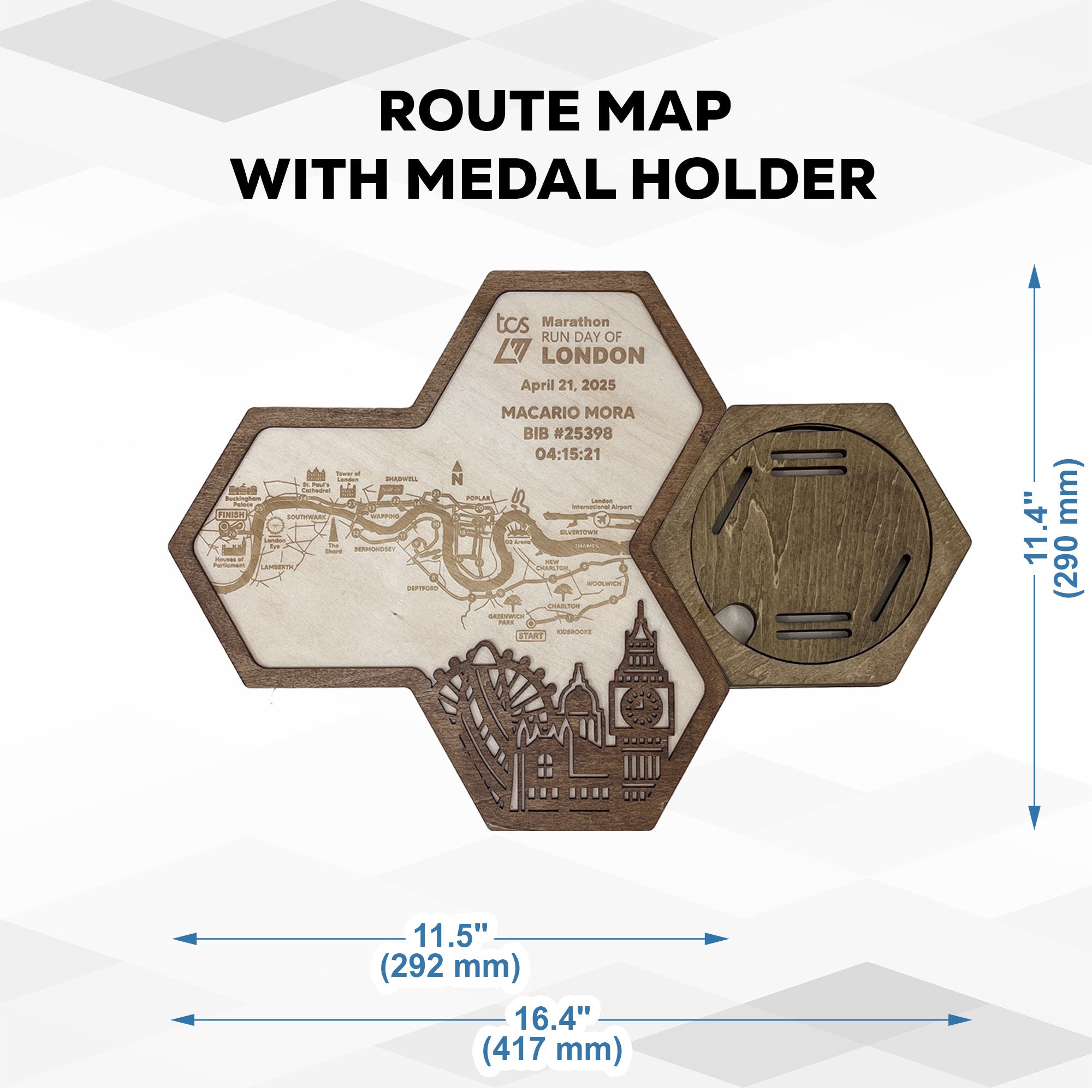 London Marathon Hexagon Wooden Medal Hanger - London World Marathon Majors Medal Display