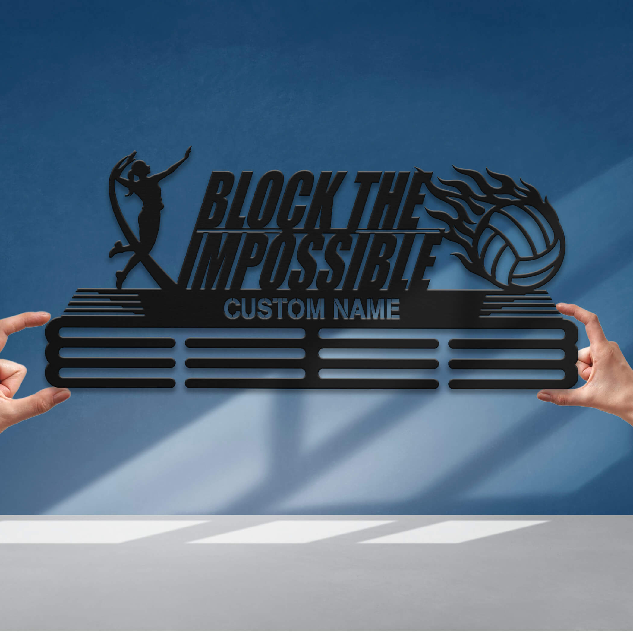 Personalized Volleyball Medal Hanger – Stainless Steel Rack with "Block the Impossible" Quote | ChampionHanger