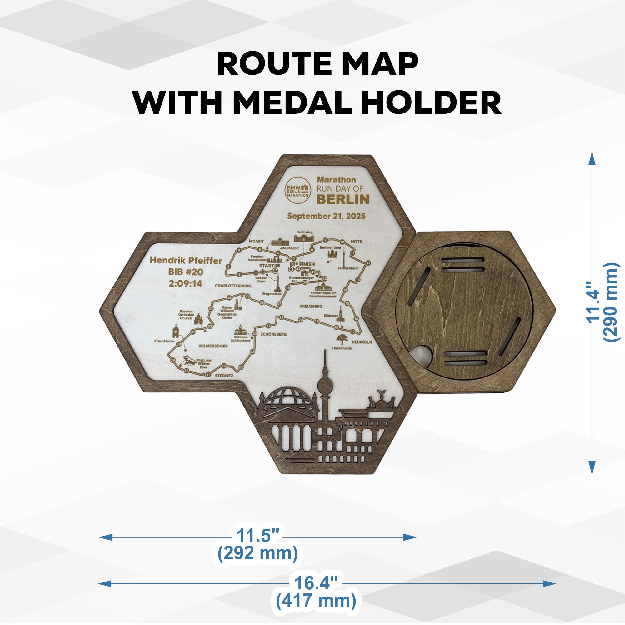 Berlin Marathon Hexagon Wooden Medal Hanger - Berlin World Marathon Majors Medal Display
