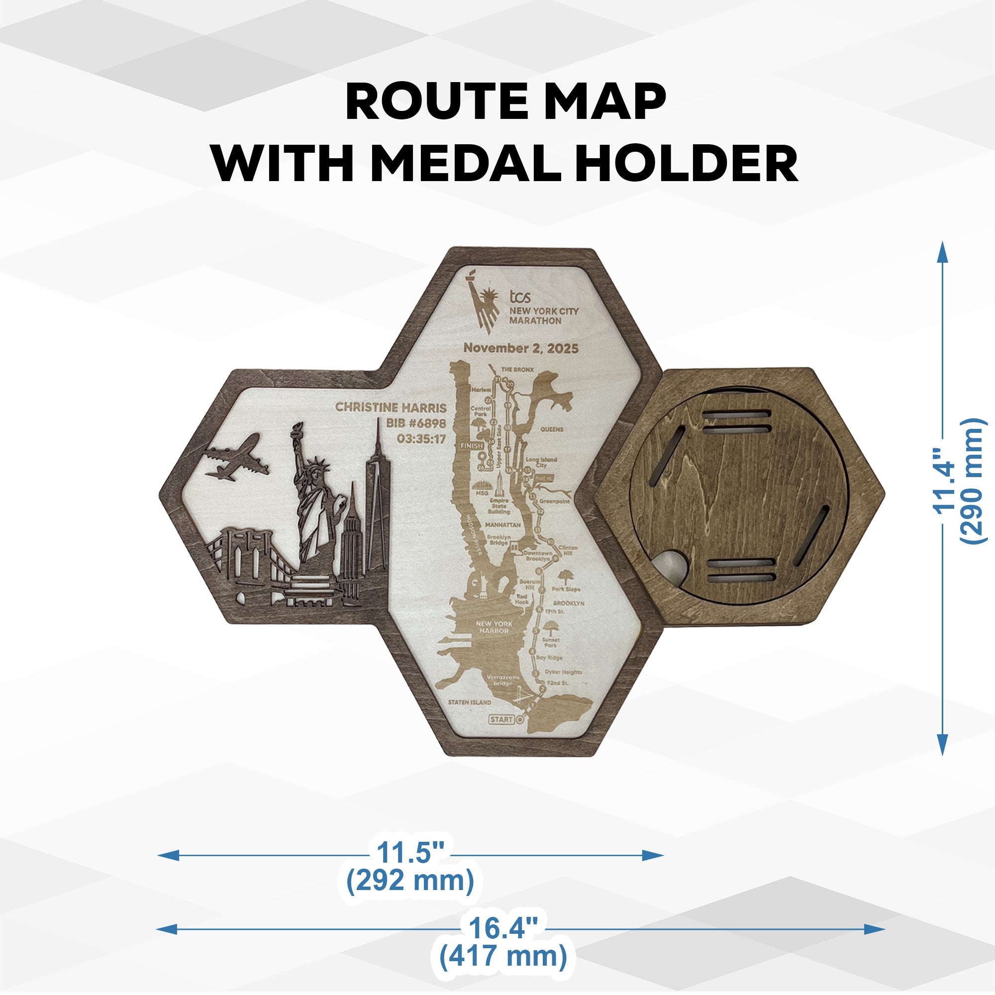 New York Marathon Hexagon Wooden Medal Hanger – Hexagon Running Medal Holder for World Marathon Majors Runners