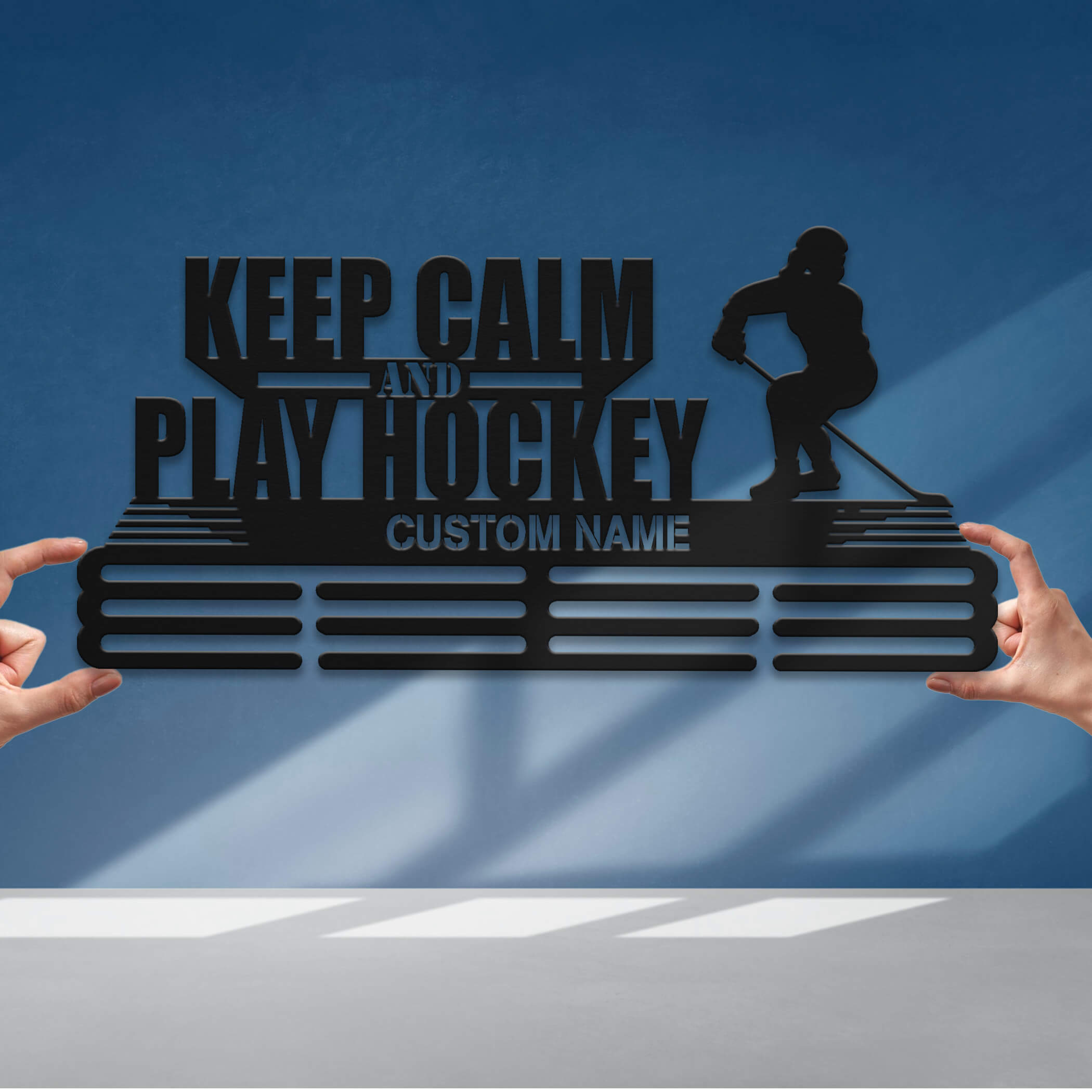 Stainless Steel Ice Hockey Medal Hanger – “Keep Calm and Play Hockey” Quote, Personalized Medal Display for Hockey Players | ChampionHanger