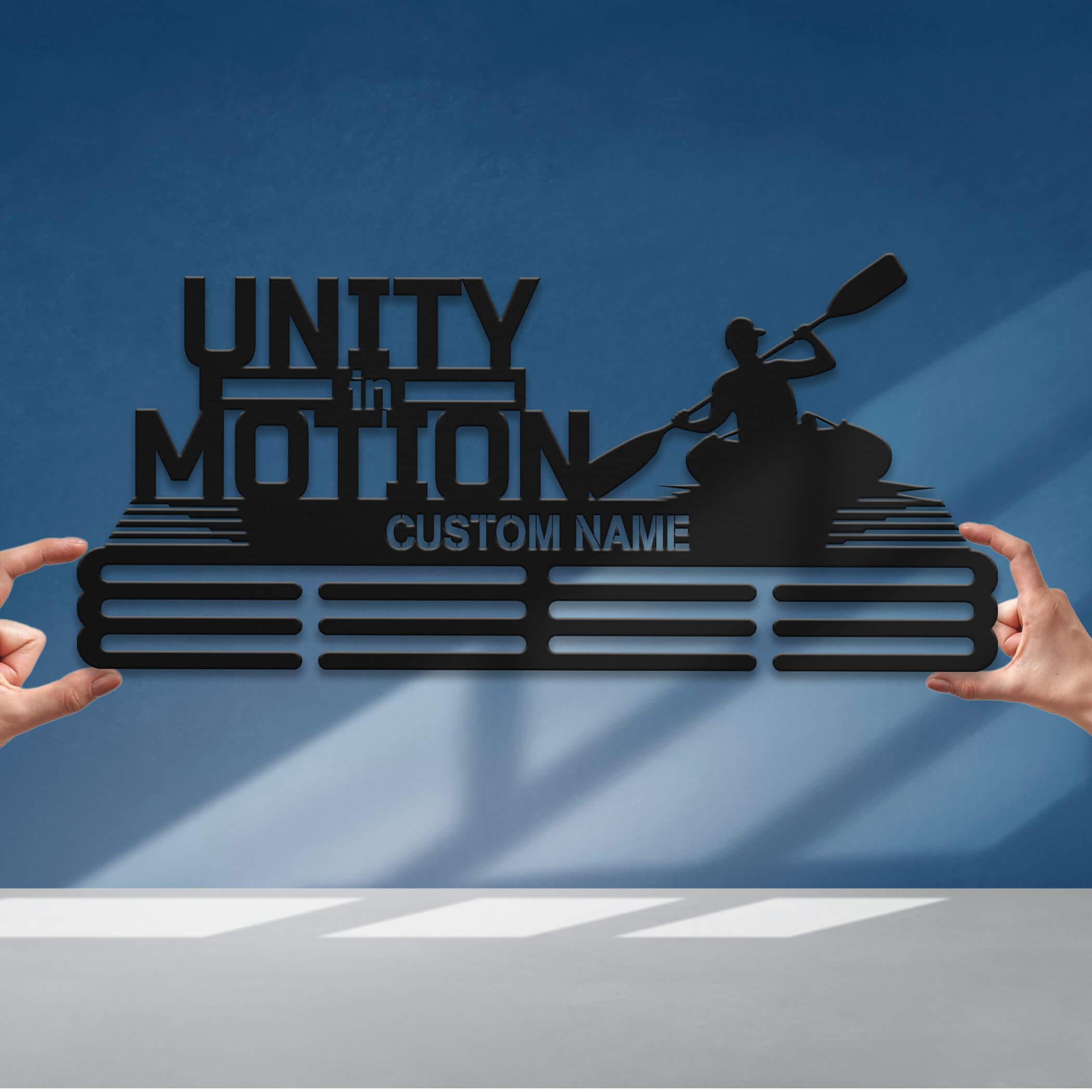 Personalized Kayak Medal Hanger with Quote "Unity in Motion" | Stainless Steel Medal Display | ChampionHanger
