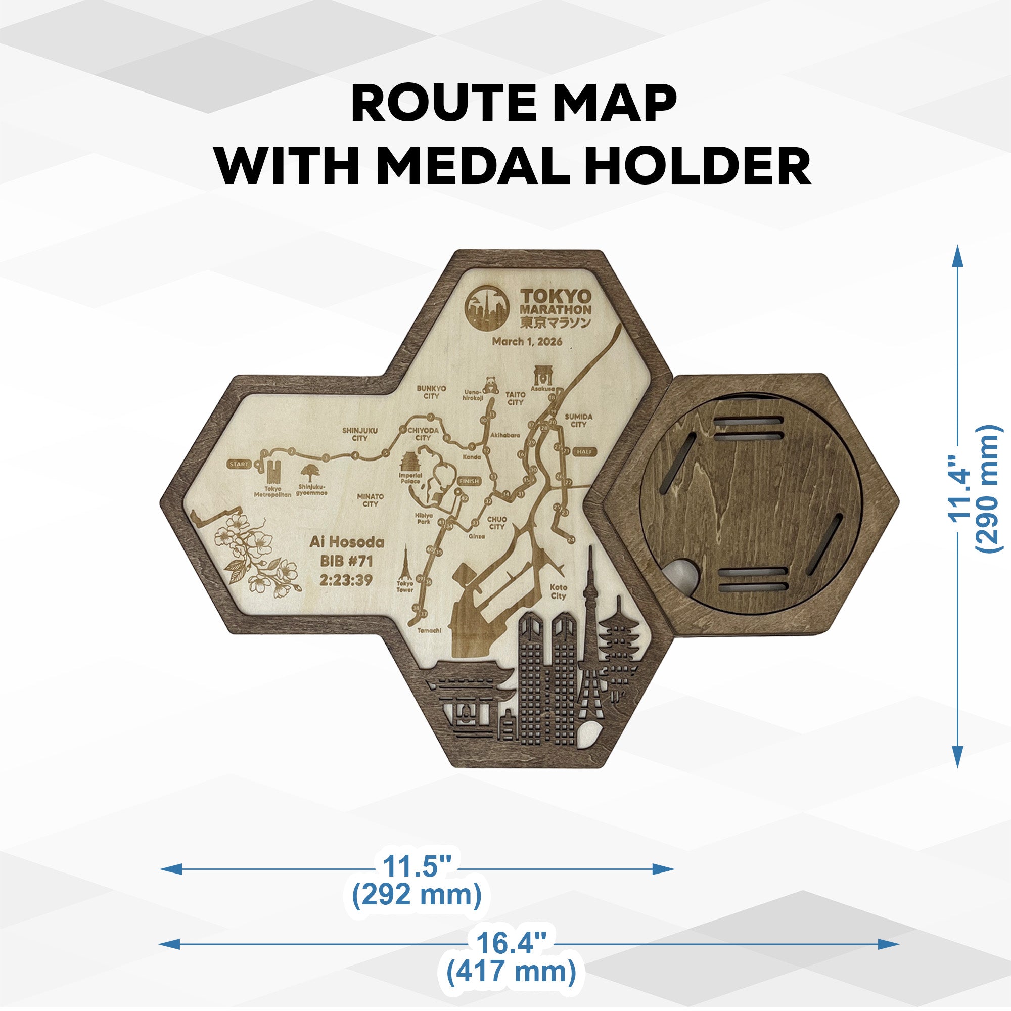 Tokyo Marathon Hexagon Wooden Medal Hanger – Tokyo World Marathon Majors Medal Display