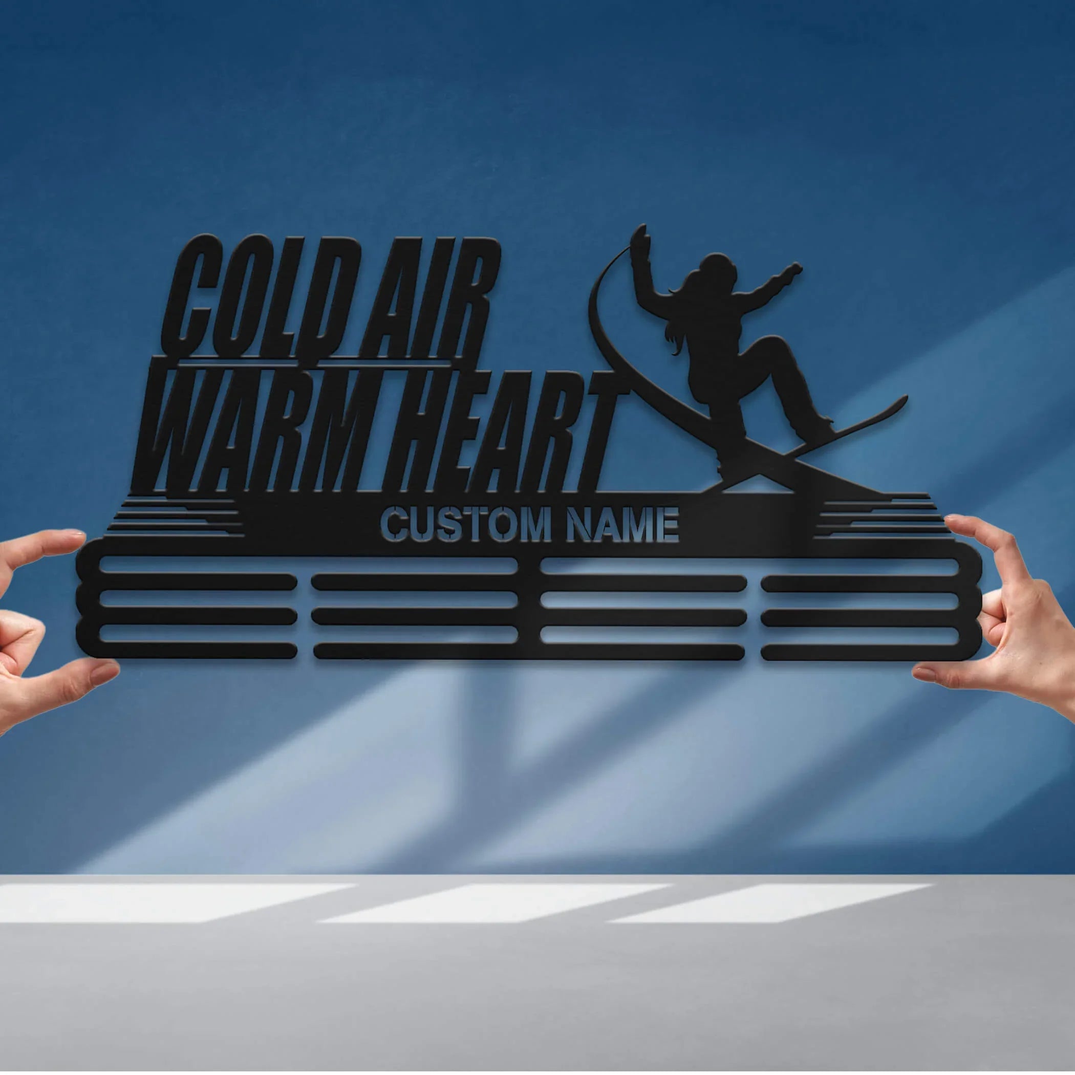 Personalized Snowboard Medal Hanger – Stainless Steel Display Rack with “Cold Air, Warm Heart” Quote | Custom Name Gift for Snowboarders | ChampionHanger - Champion Hanger