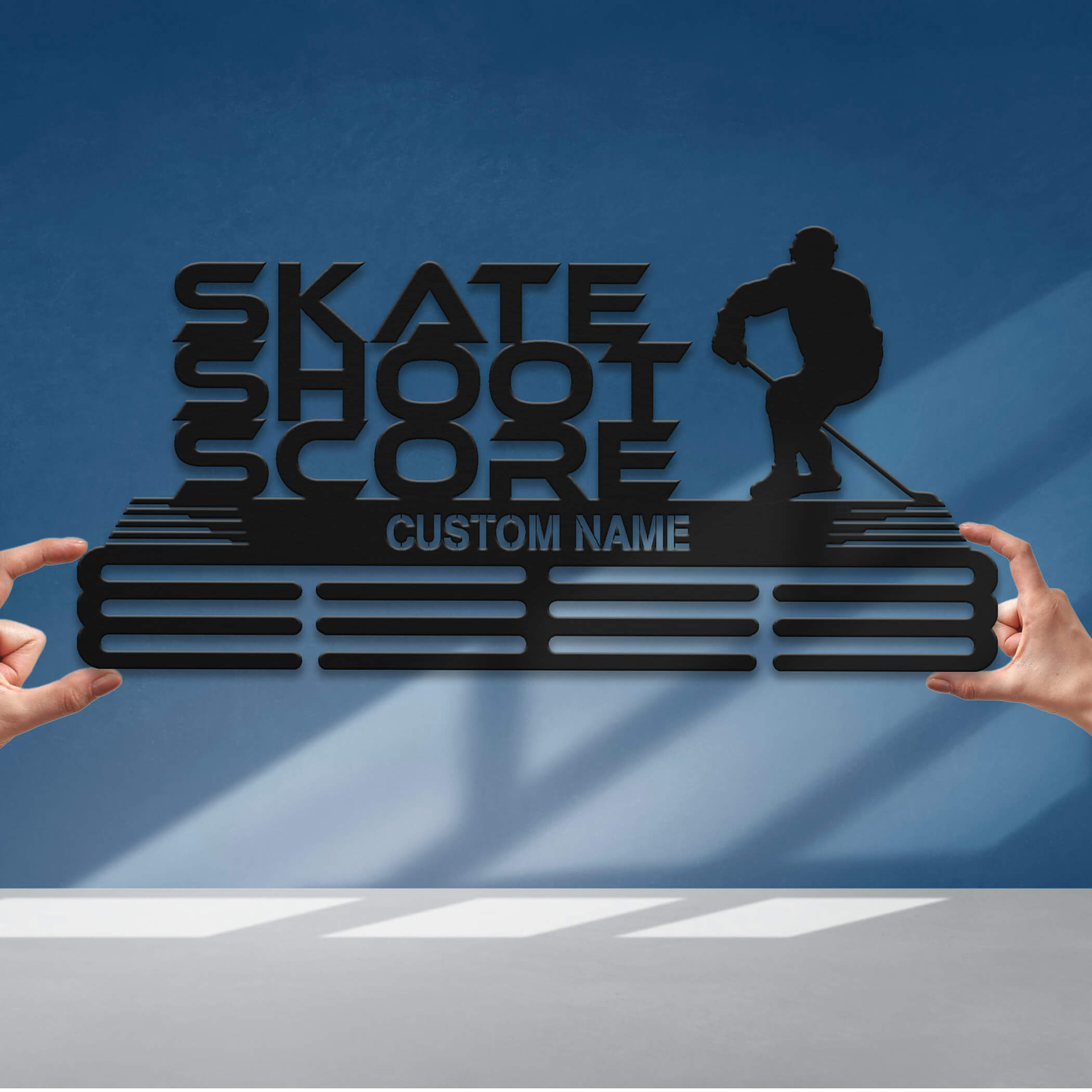 Stainless Steel Ice Hockey Medal Hanger “Skate Shoot Score” – Personalized Medal Display | ChampionHanger