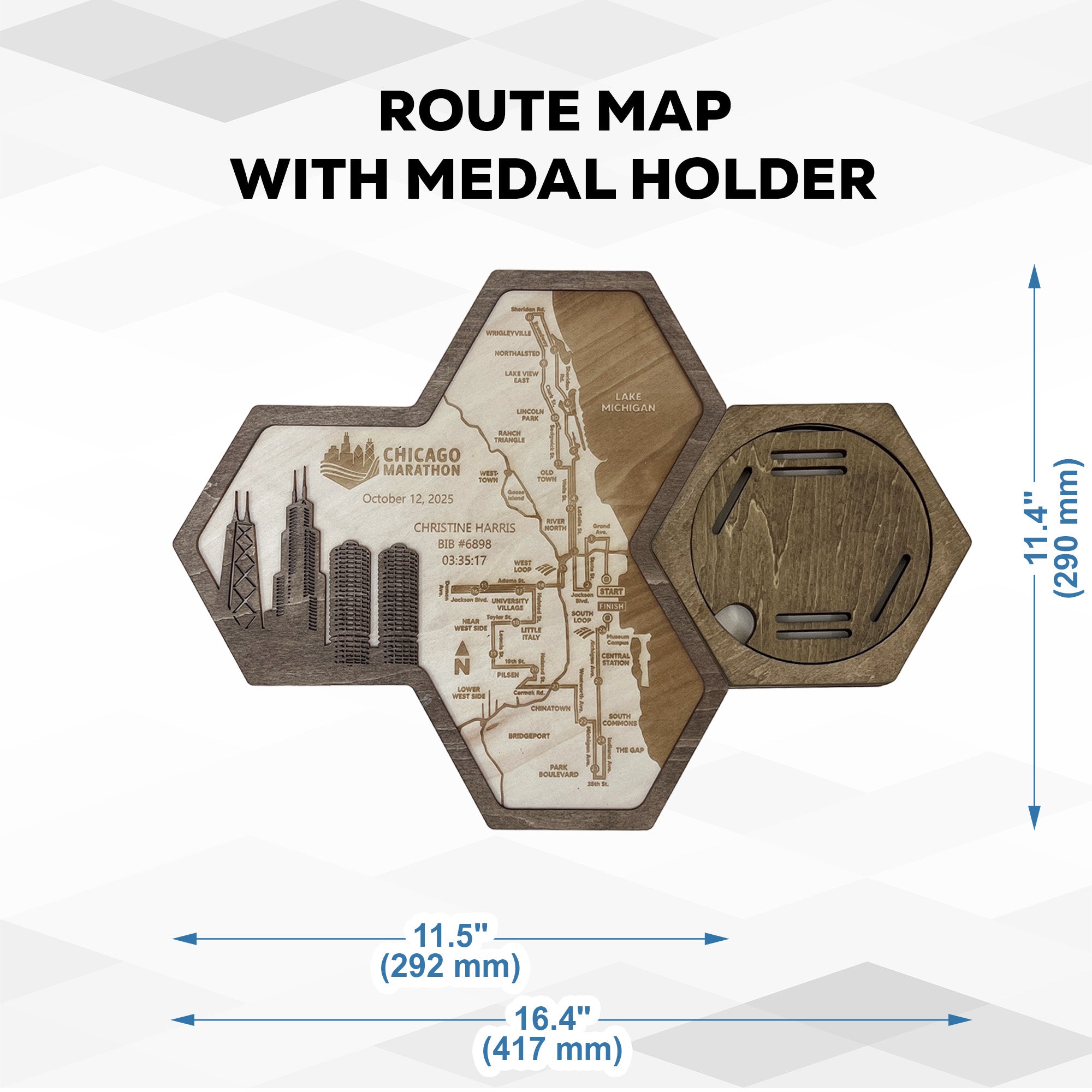 Chicago Marathon Hexagon Wooden Medal Hanger – World Marathon Majors Running Medal Display for Runners