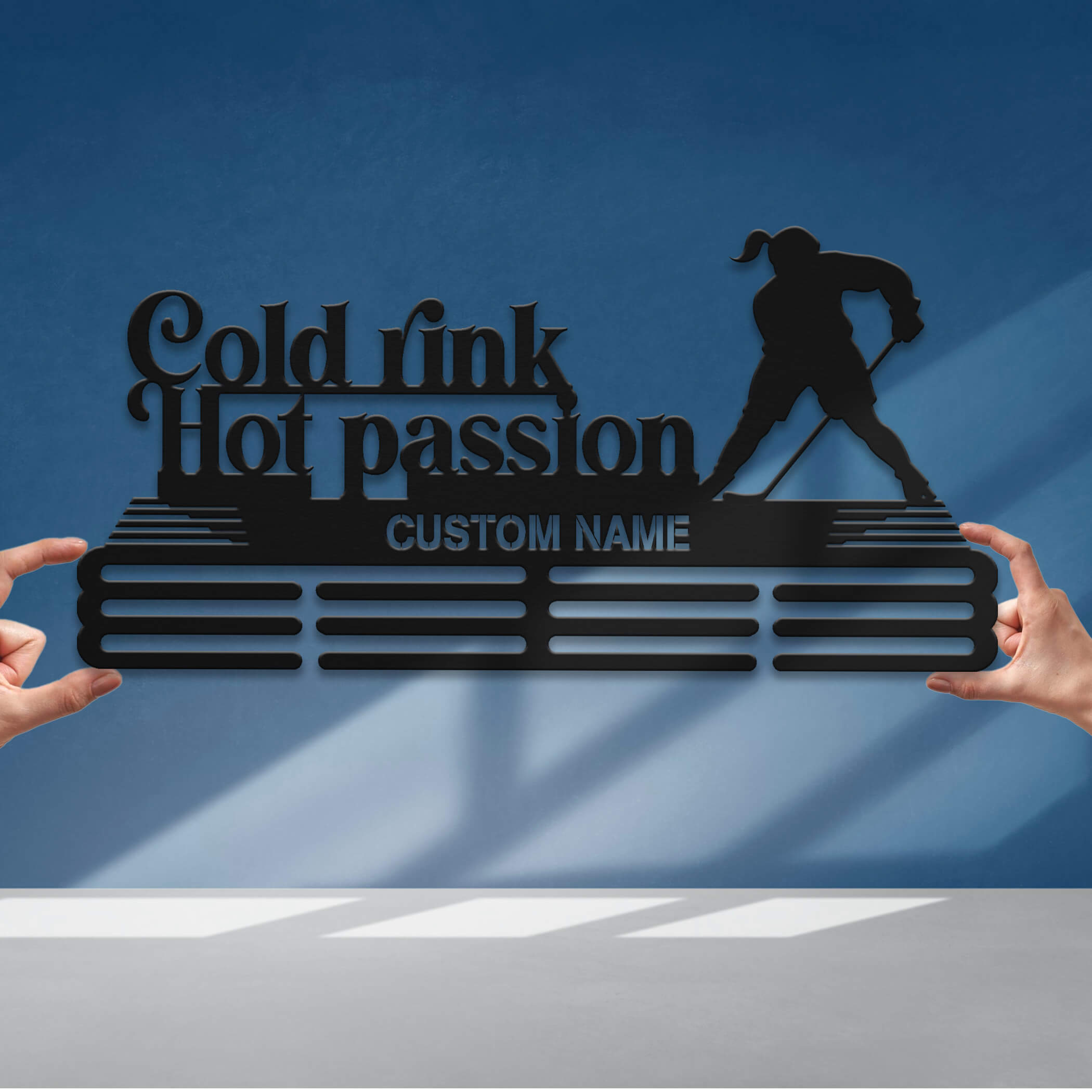 Personalized Stainless Steel Ice Hockey Medal Hanger – “Cold Rink, Hot Passion” | Custom Name Medal Display | Championhanger
