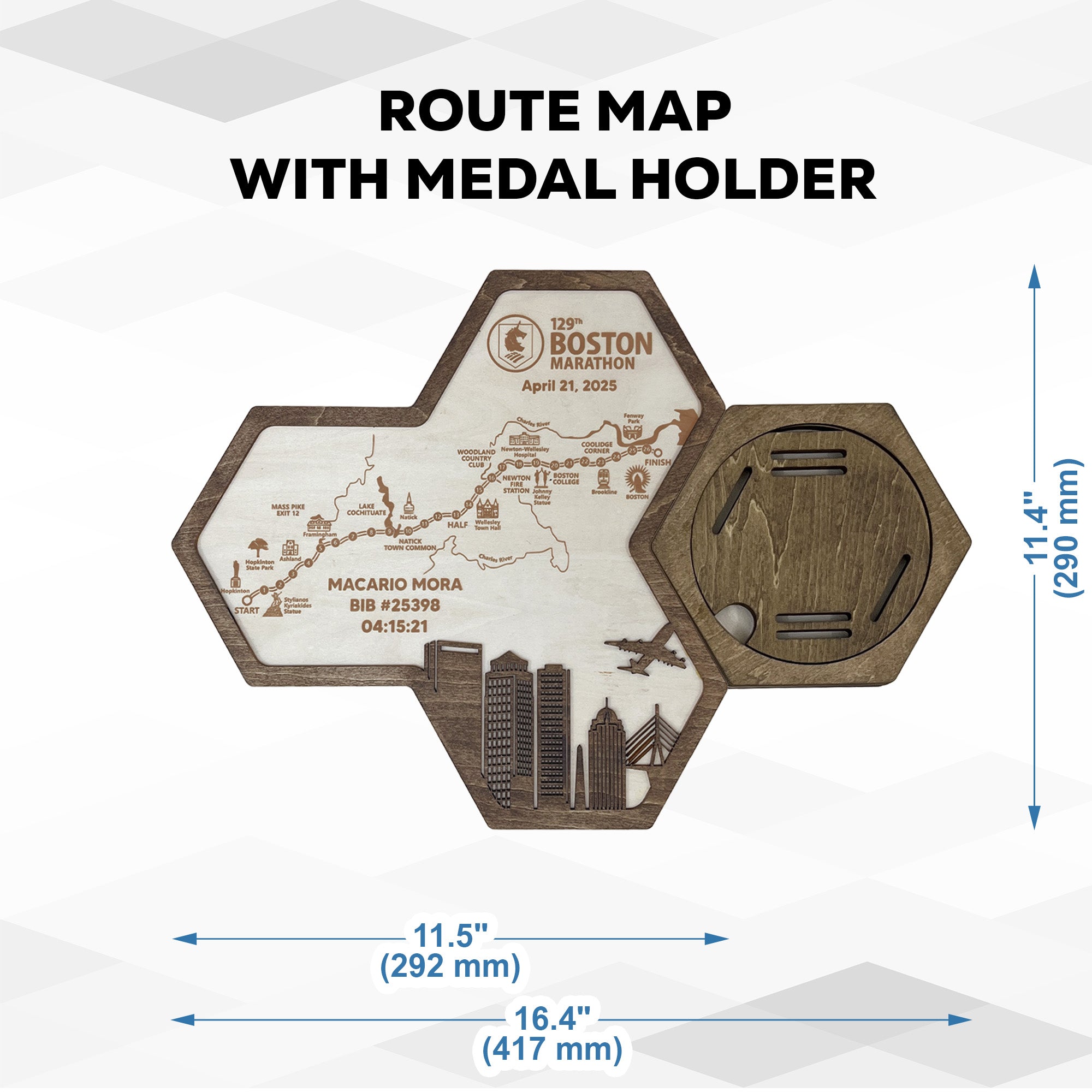 Boston Marathon Hexagon Wooden Medal Hanger – World Marathon Majors Medal Display