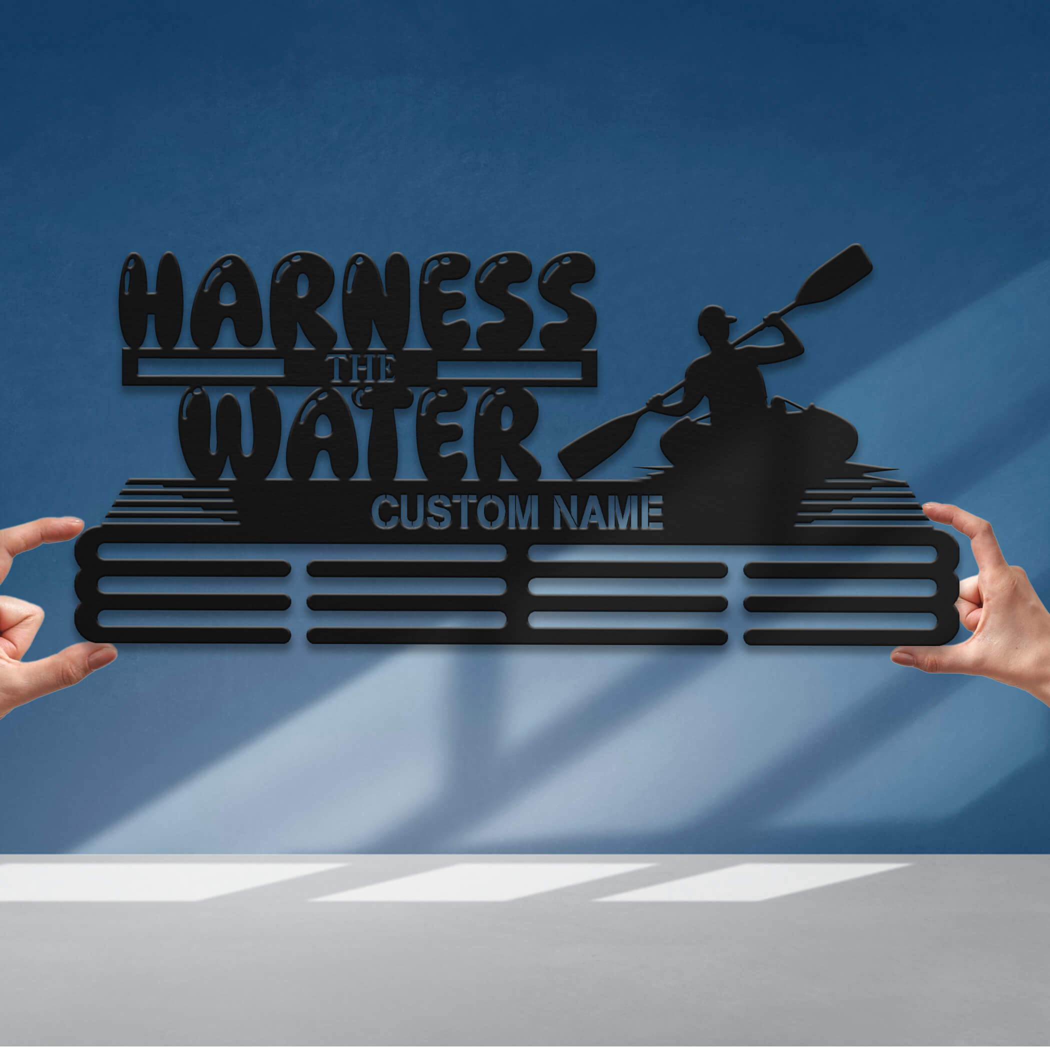 Personalized Kayak Medal Hanger – Stainless Steel Medal Holder with “Harness the Water” Quote | ChampionHanger