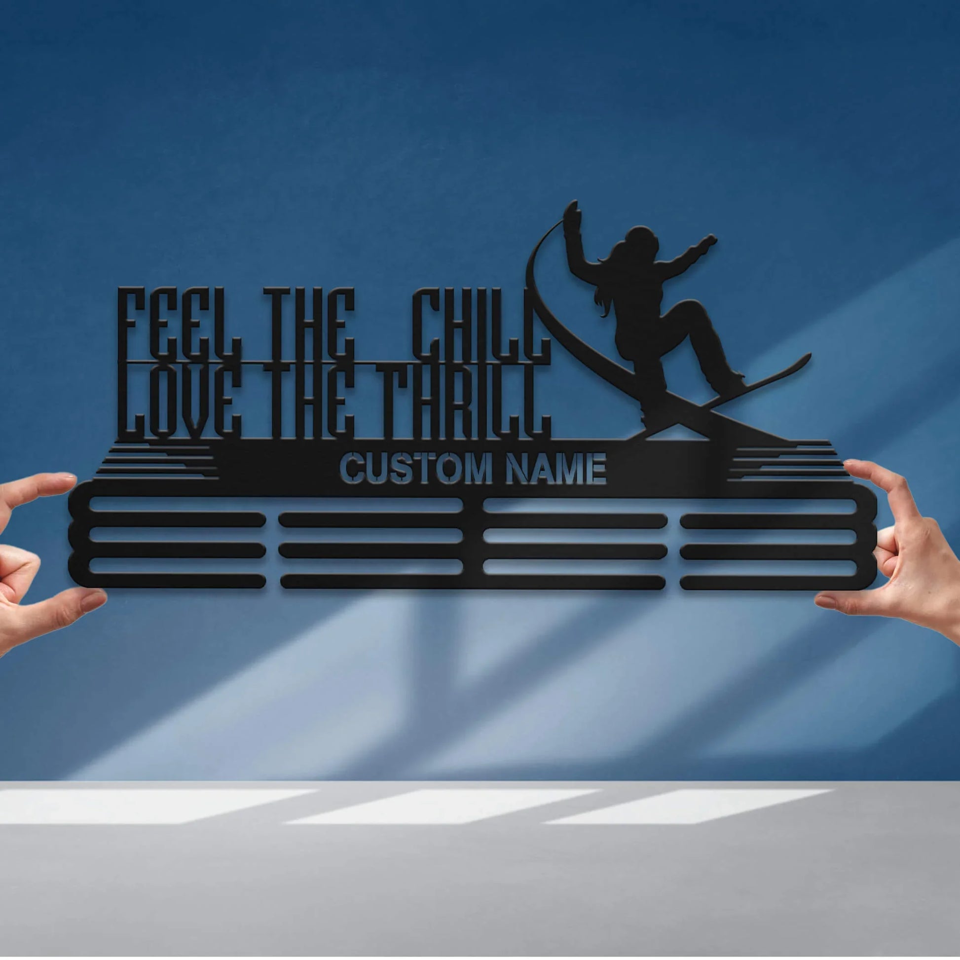 Stainless Steel Snowboarding Medal Hanger – “Feel The Chill, Love The Thrill” | Personalized Snowboard Medal Holder | ChampionHanger - Champion Hanger