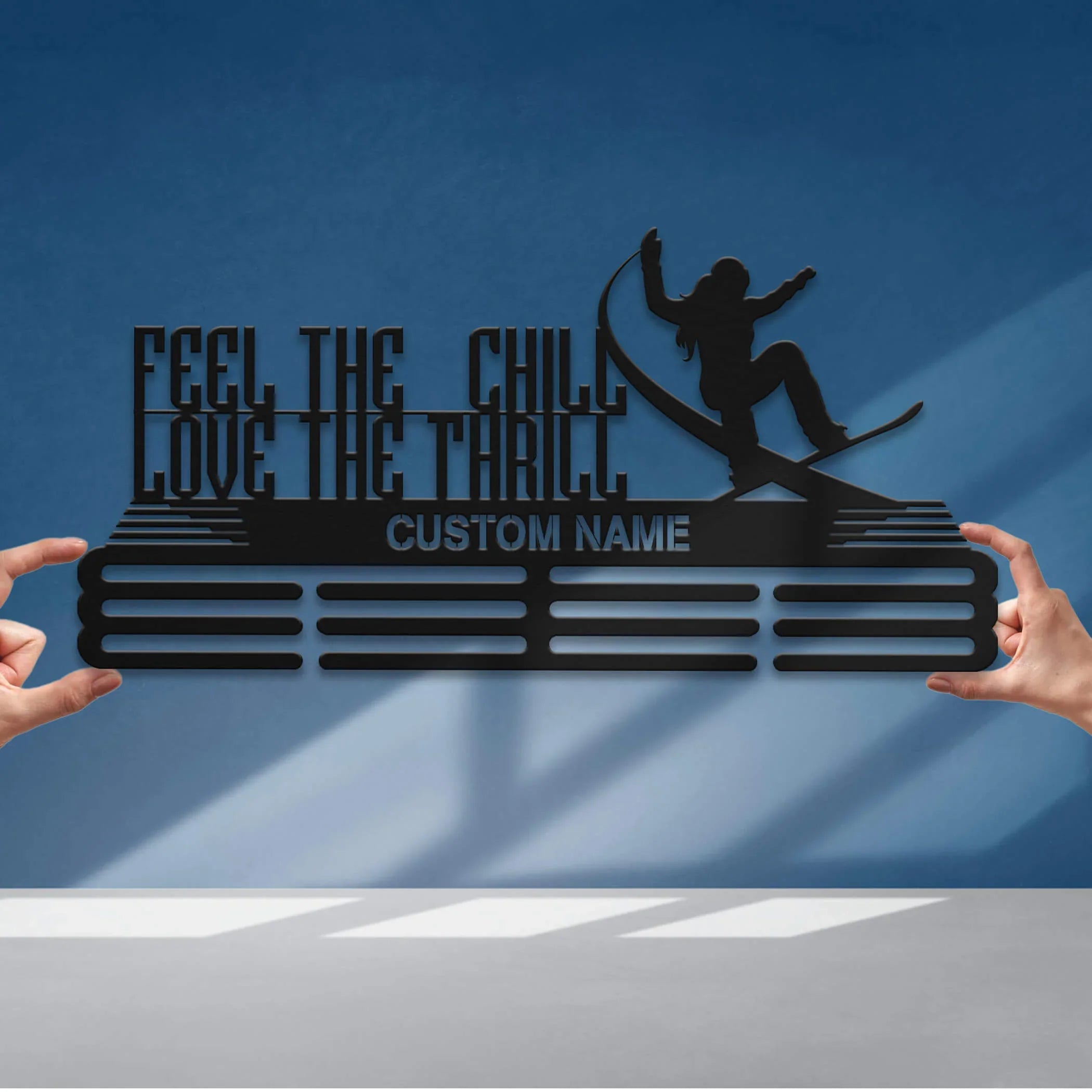 Stainless Steel Snowboarding Medal Hanger – “Feel The Chill, Love The Thrill” | Personalized Snowboard Medal Holder | ChampionHanger - Champion Hanger