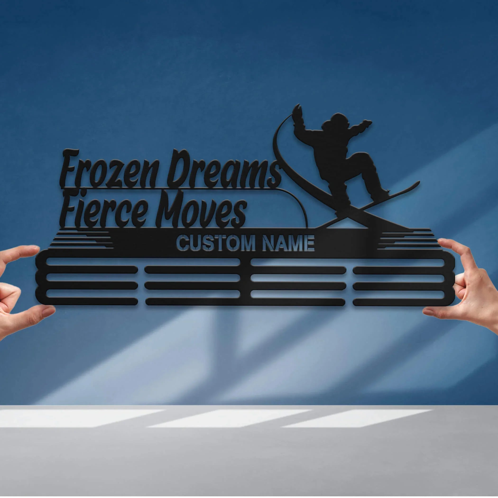 Personalized Snowboard Medal Hanger – Stainless Steel Display with “Frozen Dreams Fierce Moves” Quote | Custom Name Gift | ChampionHanger - Champion Hanger