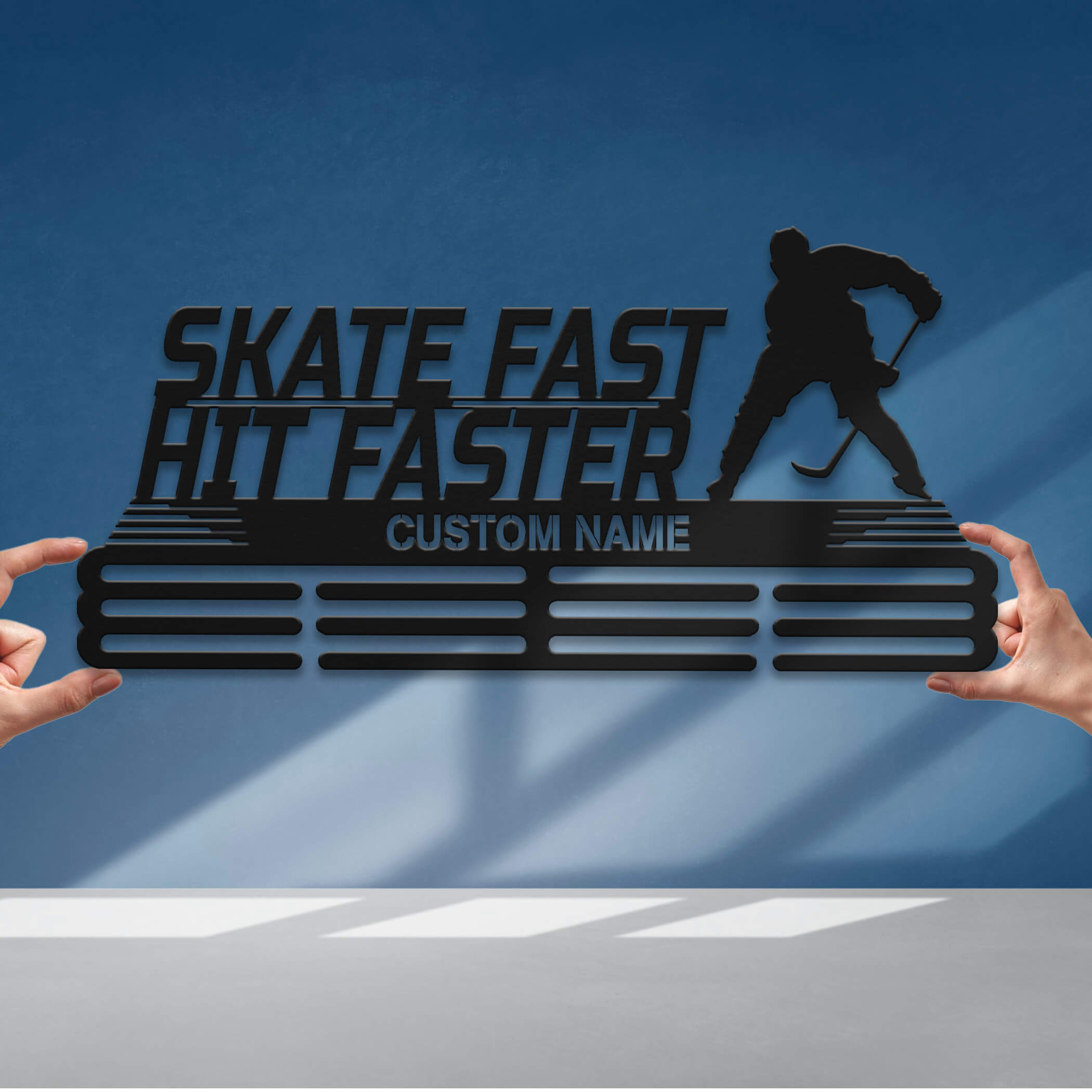 Personalized Stainless Steel Ice Hockey Medal Hanger – “Skate Fast, Hit Faster” Custom Name | Championhanger