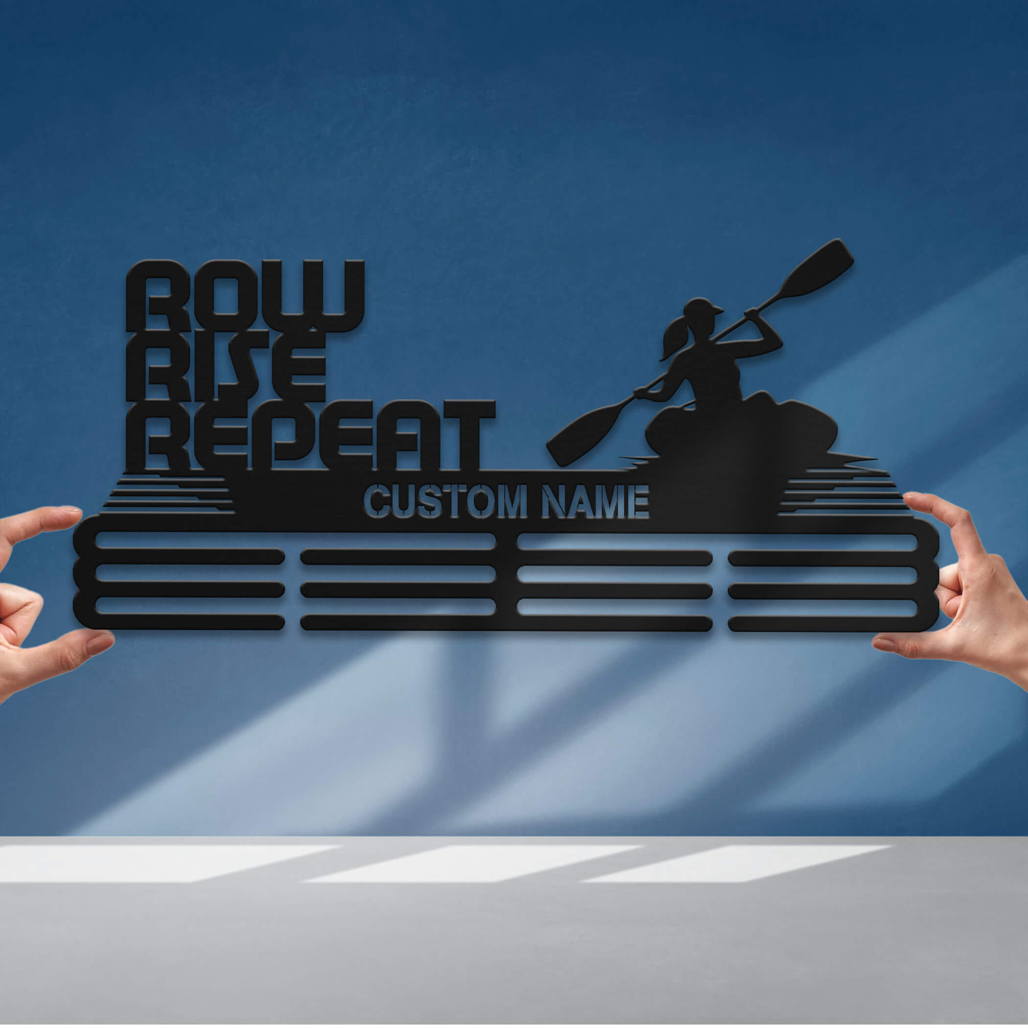 Personalized Kayak Medal Hanger – Stainless Steel Medal Holder with “Row Rise Repeat” Quote | Gifts for Kayakers | ChampionHanger