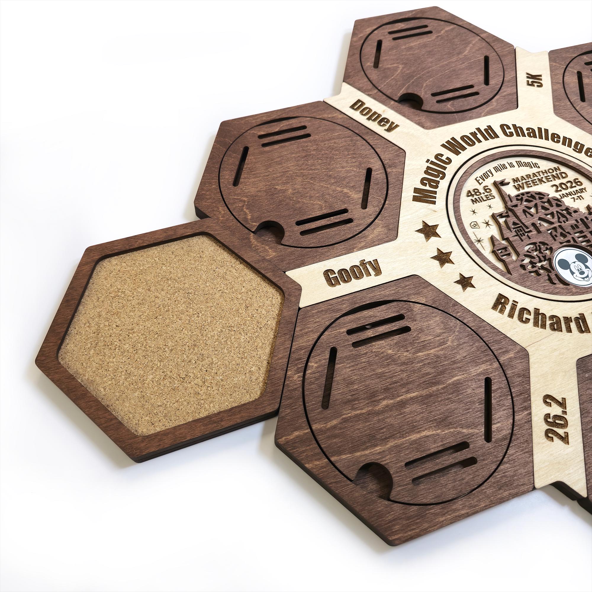 Magic World Marathon Hexagon medal hanger - Running Medal Display