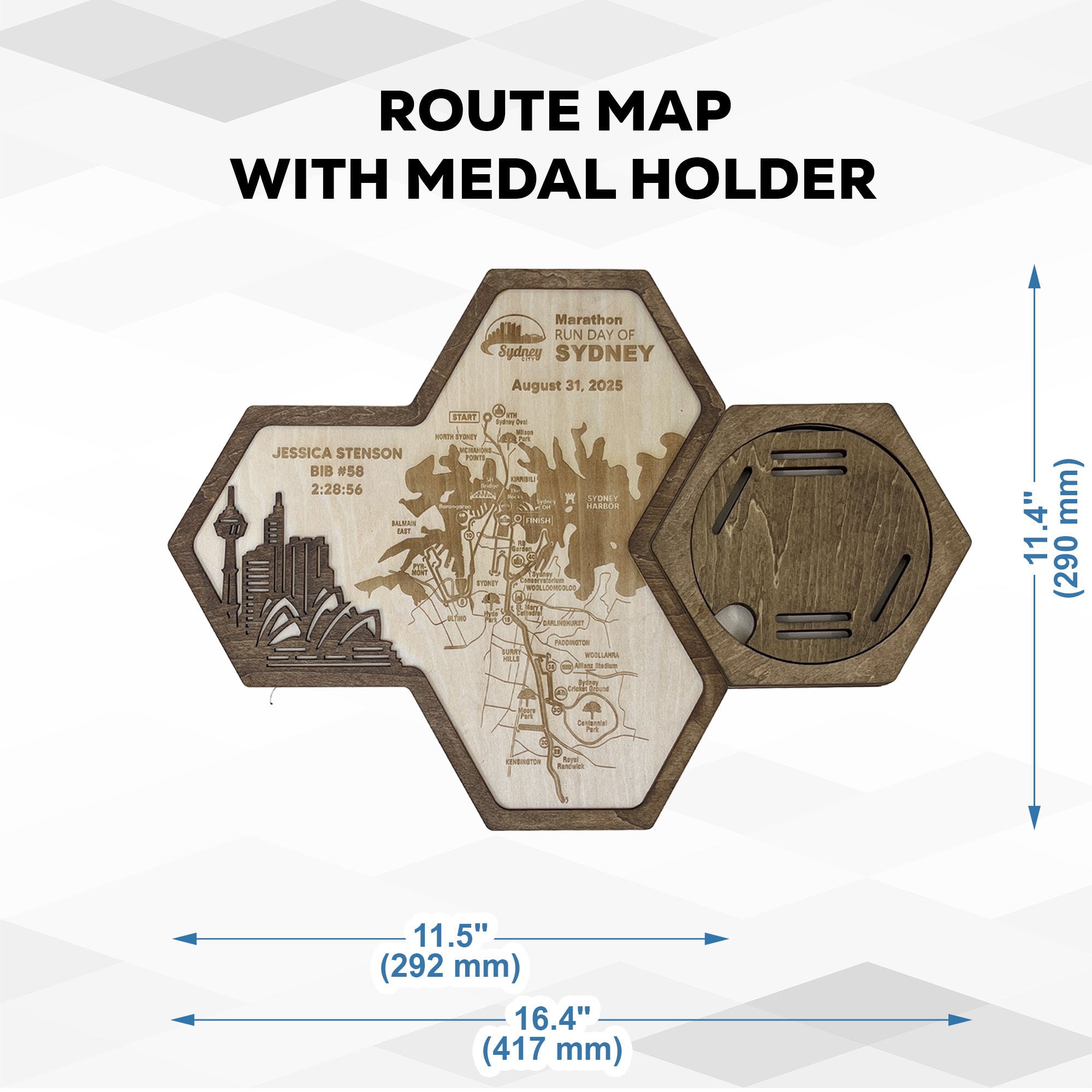 Sydney Marathon Hexagon Wooden Medal Hanger – Sydney World Marathon Majors Medal Display