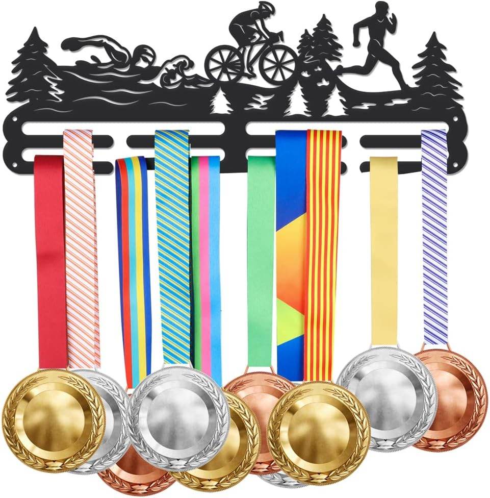 Personalized Triathlon Medal Hanger, Wall-Mounted Rack for Swimming, Cycling & Running Awards, Custom Name Sports Medal Hanger - Champion Hanger