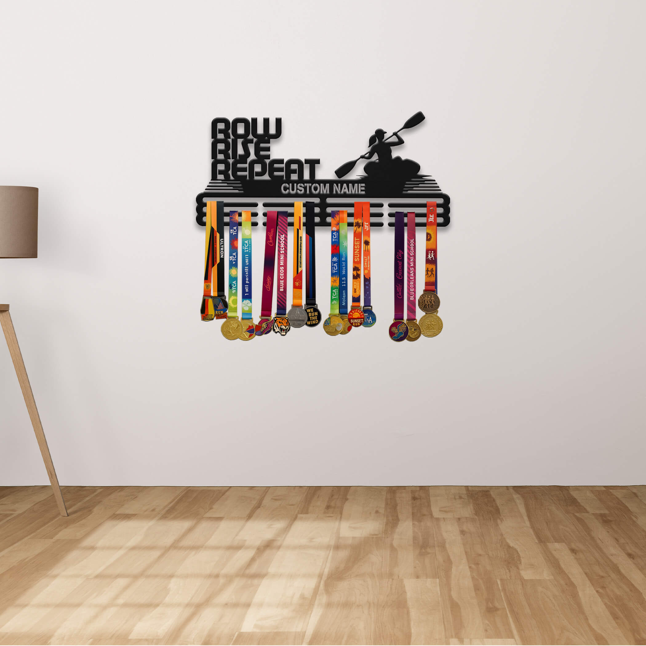 Personalized Kayak Medal Hanger – Stainless Steel Medal Holder with “Row Rise Repeat” Quote | Gifts for Kayakers | ChampionHanger