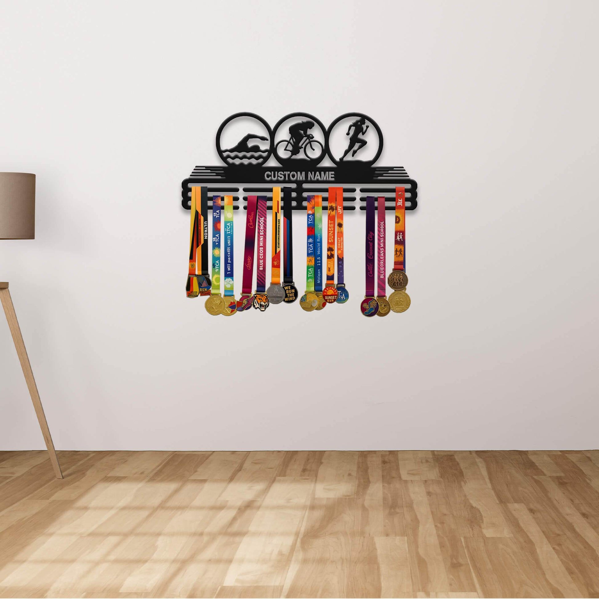 Triathlon Medal Hanger – Personalized Metal Medal Holder – Stainless Steel Wall Display Rack for Triathlon Awards - Champion Hanger