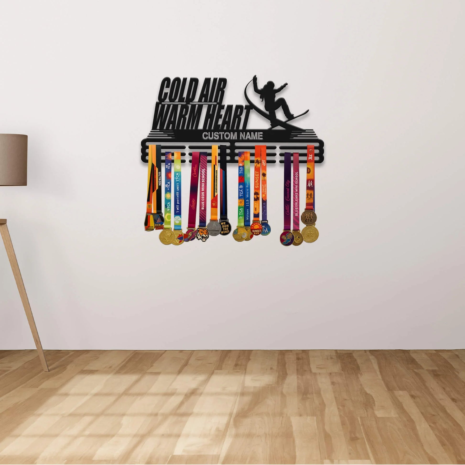 Personalized Snowboard Medal Hanger – Stainless Steel Display Rack with “Cold Air, Warm Heart” Quote | Custom Name Gift for Snowboarders | ChampionHanger - Champion Hanger
