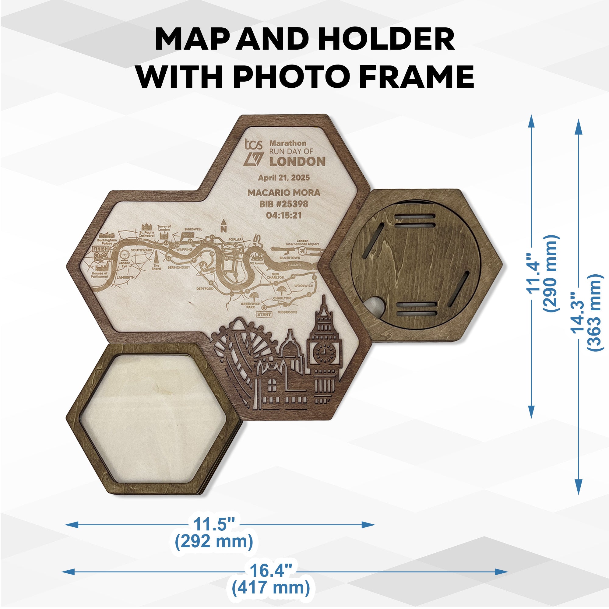 London Marathon Hexagon Wooden Medal Hanger - London World Marathon Majors Medal Display