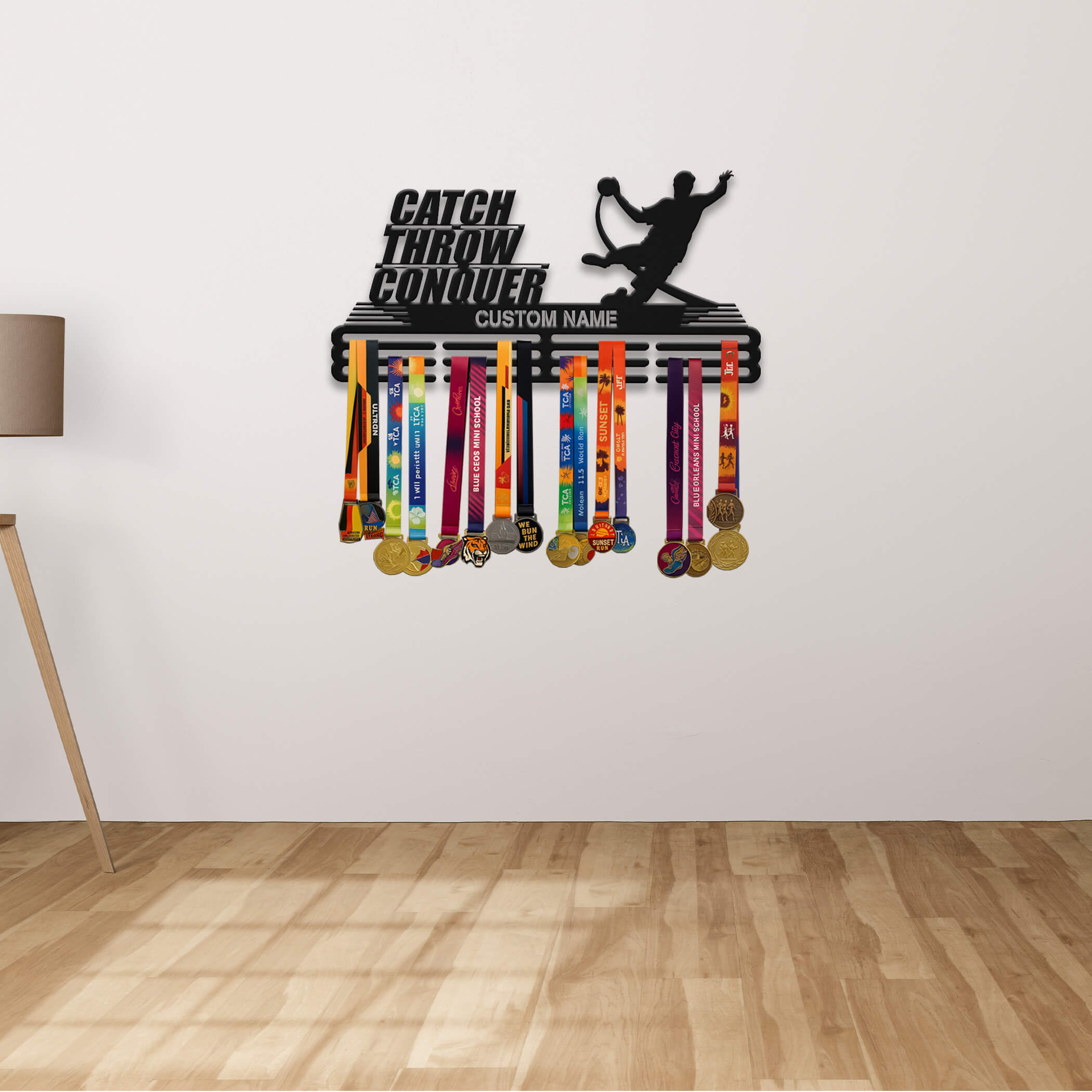 Personalized Handball Medal Hanger – Stainless Steel Medal Holder with Custom Name & “Catch Throw Conquer” Quote | ChampionHanger