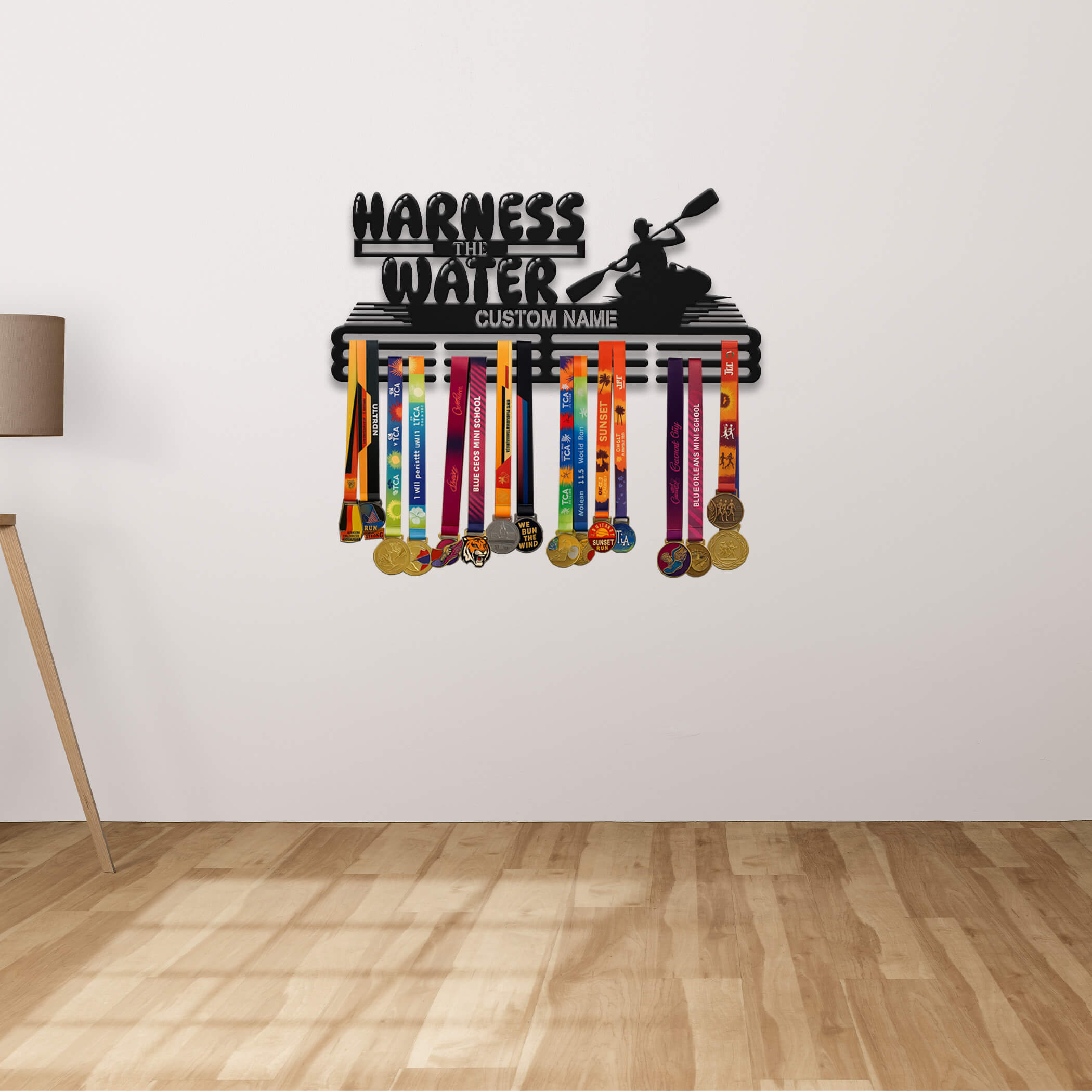 Personalized Kayak Medal Hanger – Stainless Steel Medal Holder with “Harness the Water” Quote | ChampionHanger