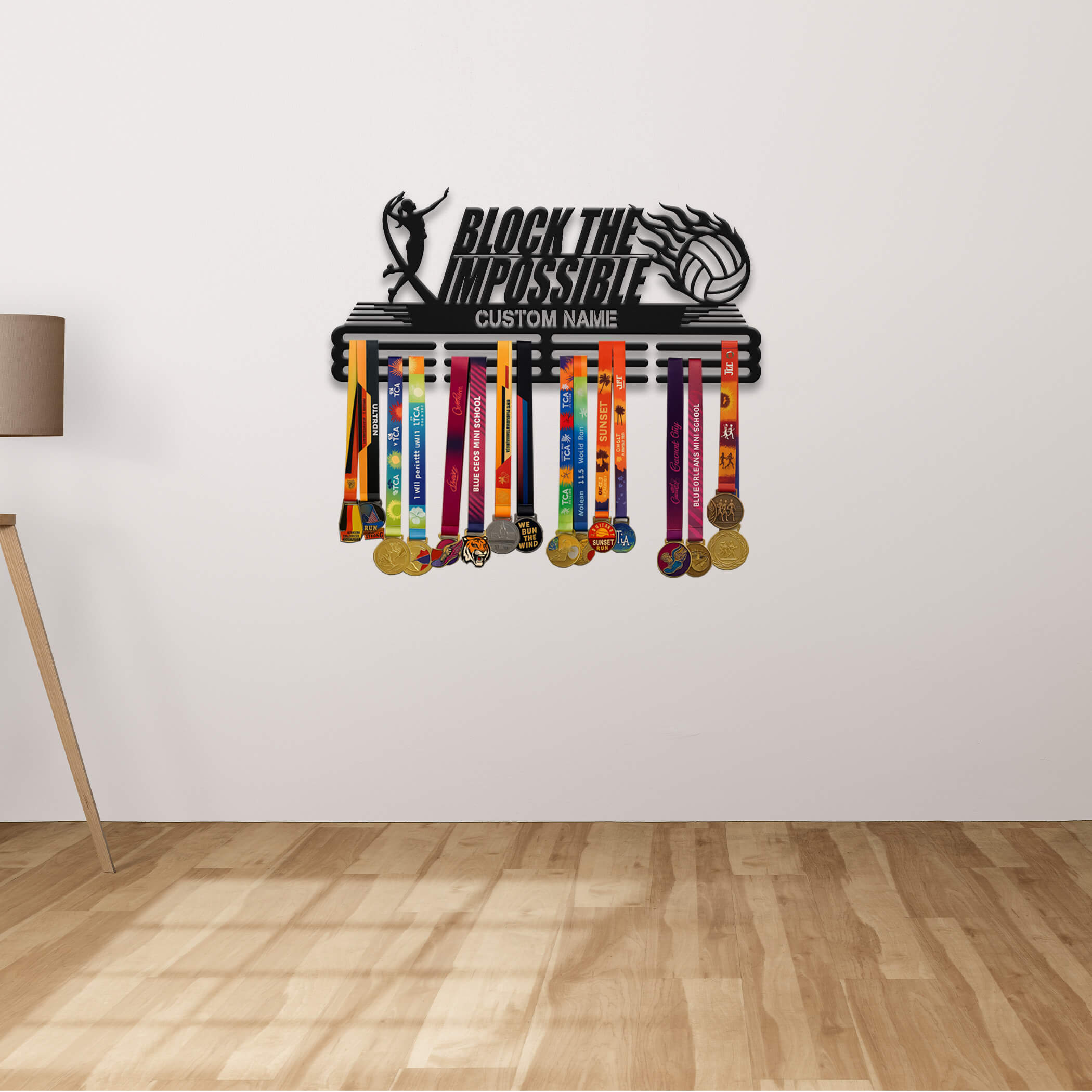 Personalized Volleyball Medal Hanger – Stainless Steel Rack with "Block the Impossible" Quote | ChampionHanger