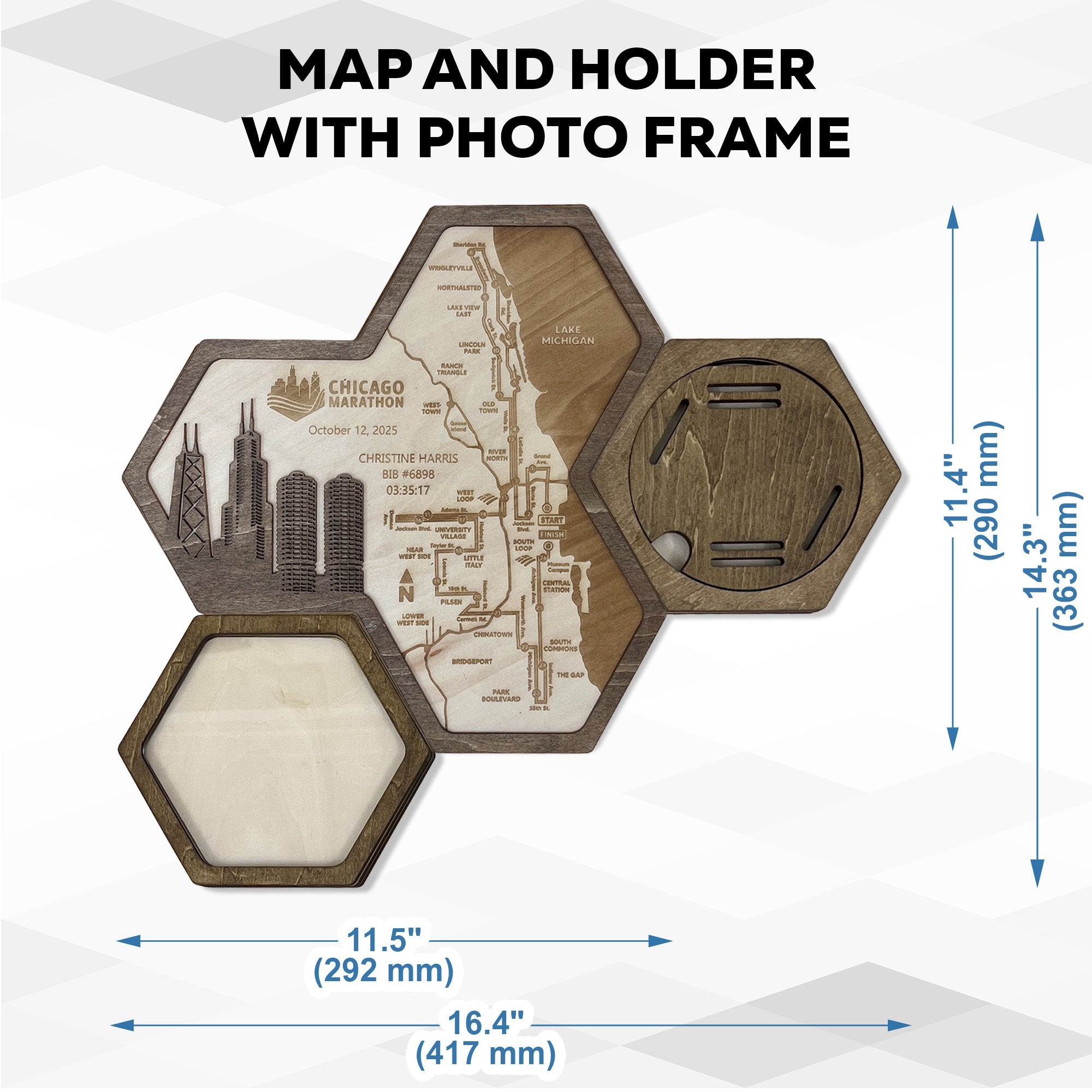 Chicago Marathon Hexagon Wooden Medal Hanger – World Marathon Majors Running Medal Display for Runners