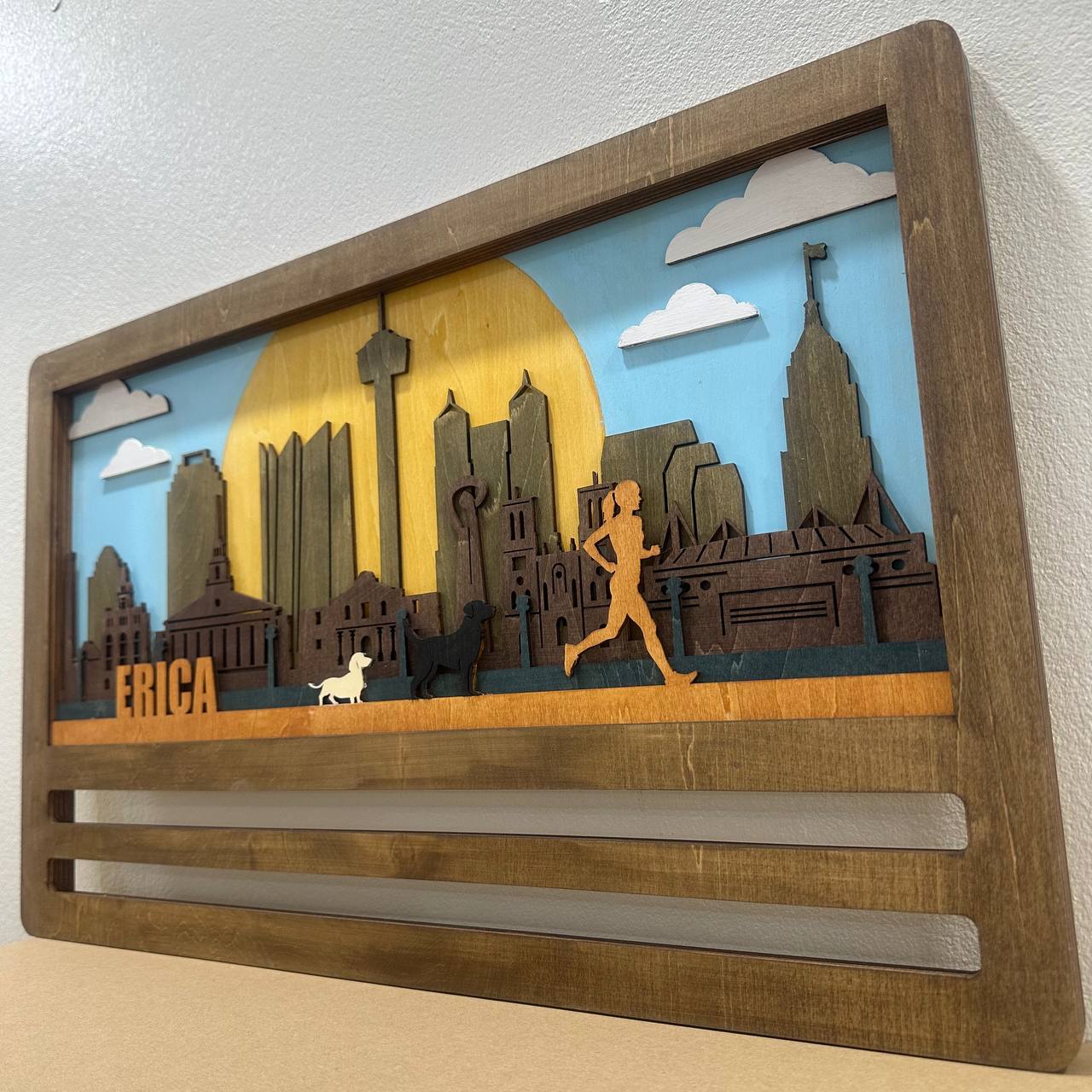 Custom Wooden Medal Hanger for Runners & Cyclists | San Antonio City Design | Personalized Display by ChampionHanger