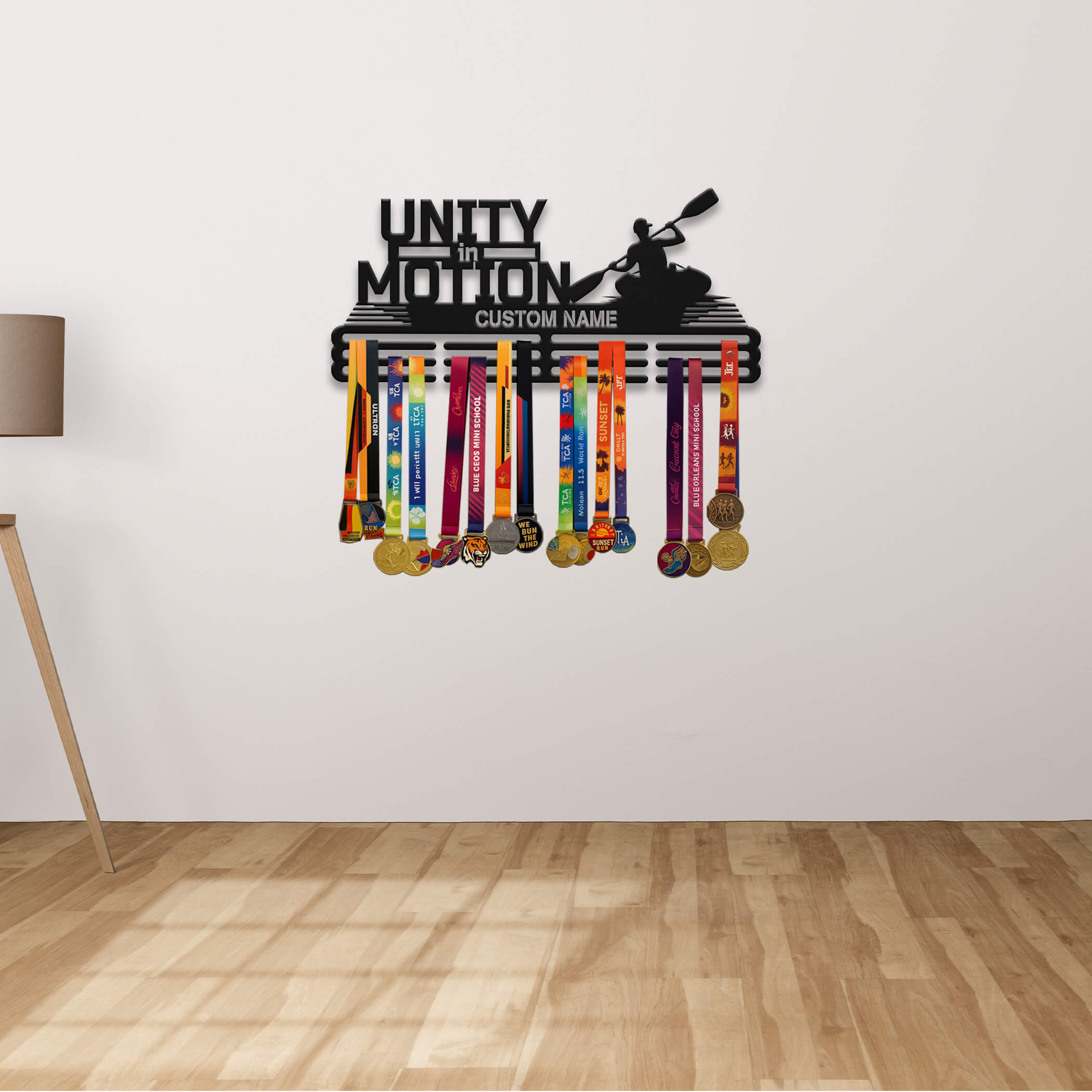 Personalized Kayak Medal Hanger with Quote "Unity in Motion" | Stainless Steel Medal Display | ChampionHanger