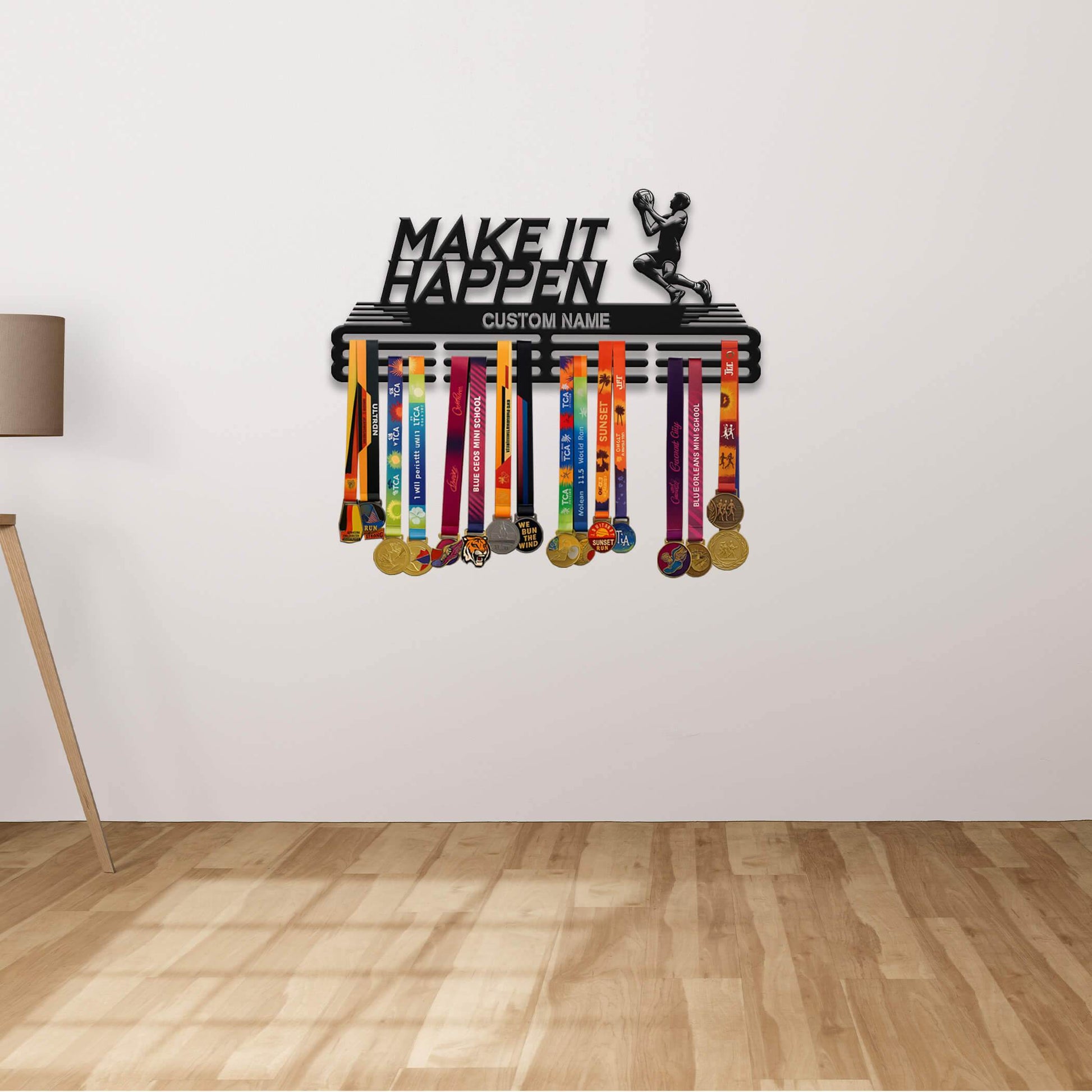 Make it Happen Basketball Medal Display Rack – Stainless Steel Personalized Medal Hanger for Basketball Players - Champion Hanger