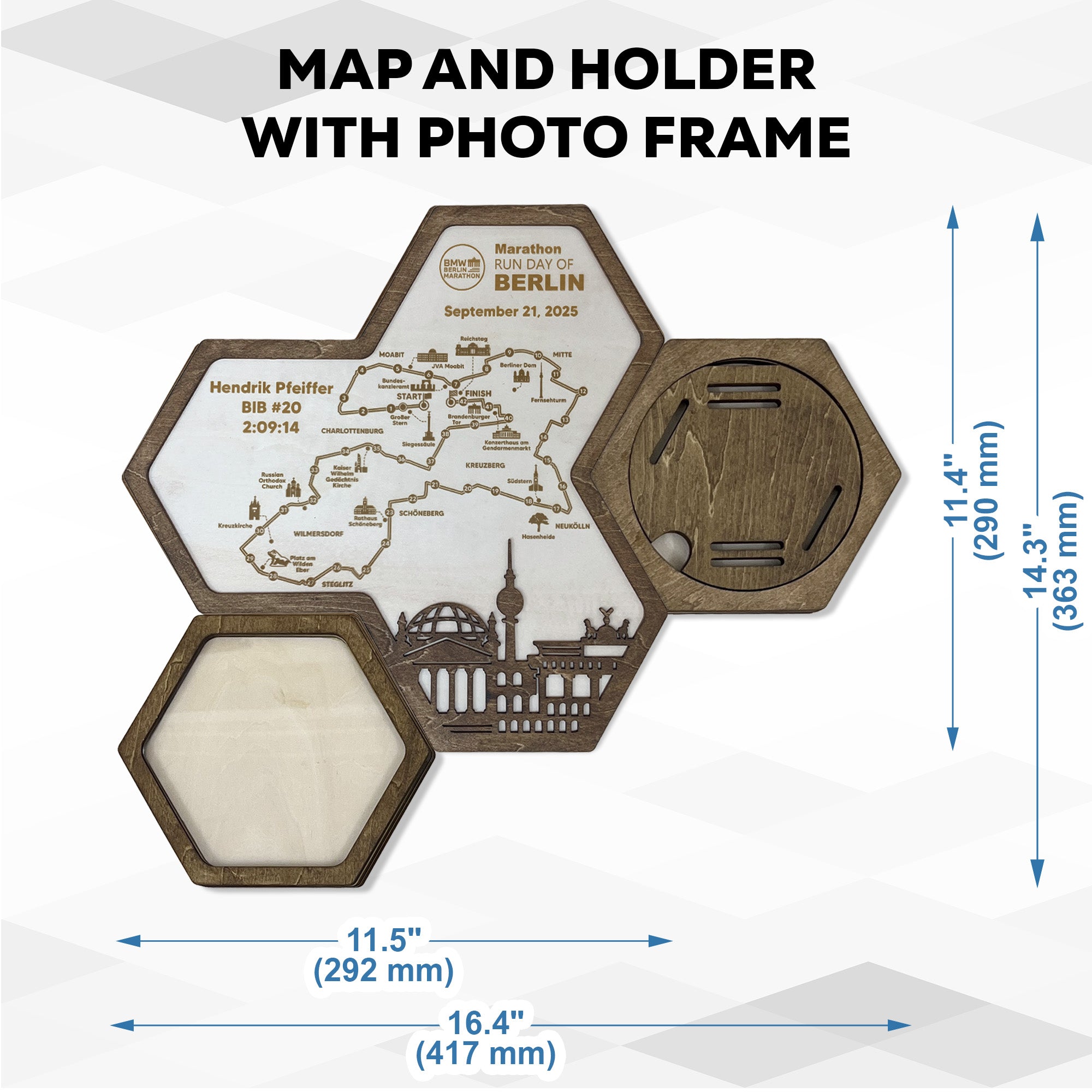 Berlin Marathon Hexagon Wooden Medal Hanger - Berlin World Marathon Majors Medal Display