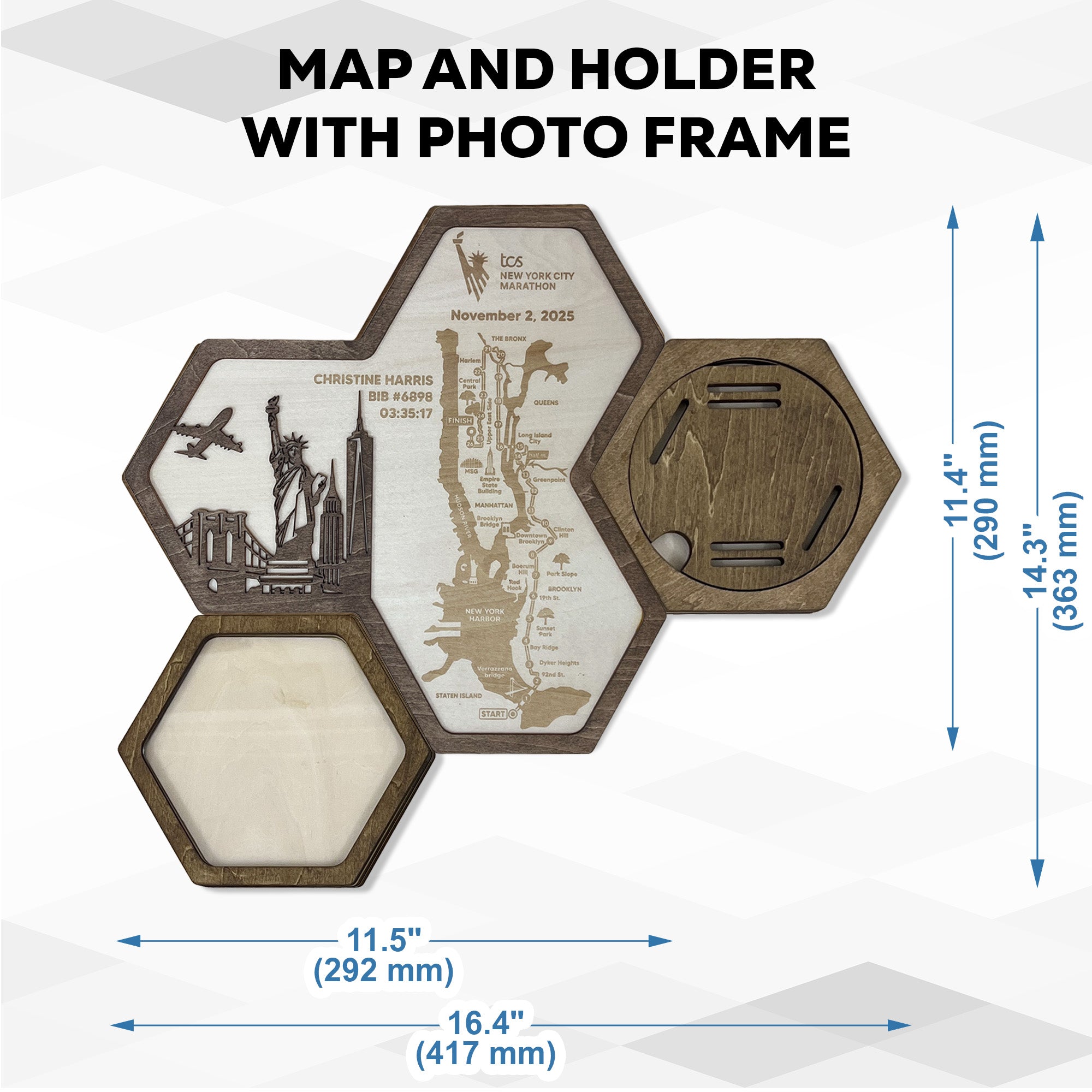 New York Marathon Hexagon Wooden Medal Hanger – Hexagon Running Medal Holder for World Marathon Majors Runners