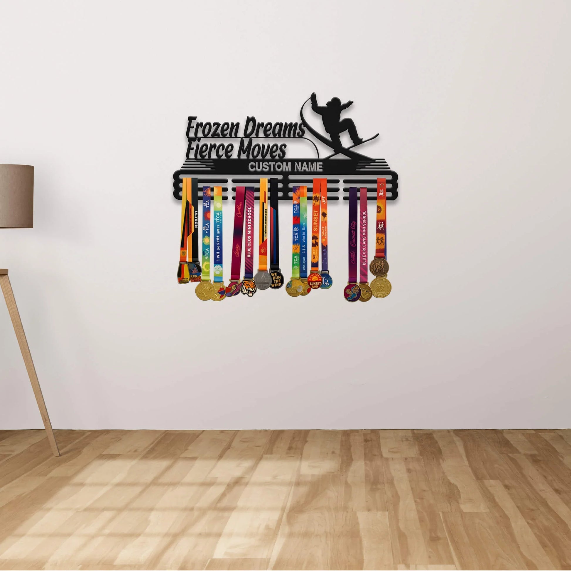 Personalized Snowboard Medal Hanger – Stainless Steel Display with “Frozen Dreams Fierce Moves” Quote | Custom Name Gift | ChampionHanger - Champion Hanger