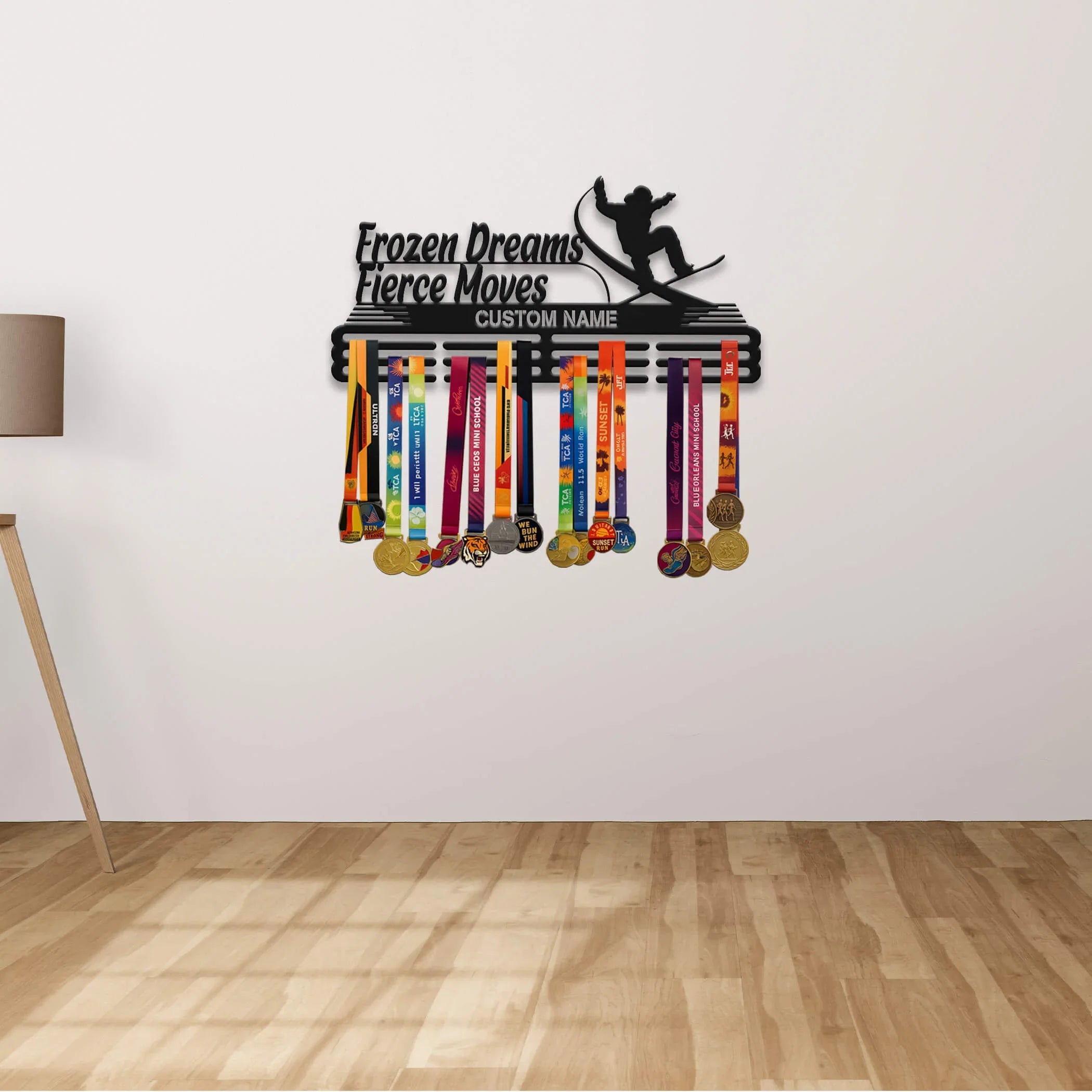 Personalized Snowboard Medal Hanger – Stainless Steel Display with “Frozen Dreams Fierce Moves” Quote | Custom Name Gift | ChampionHanger - Champion Hanger