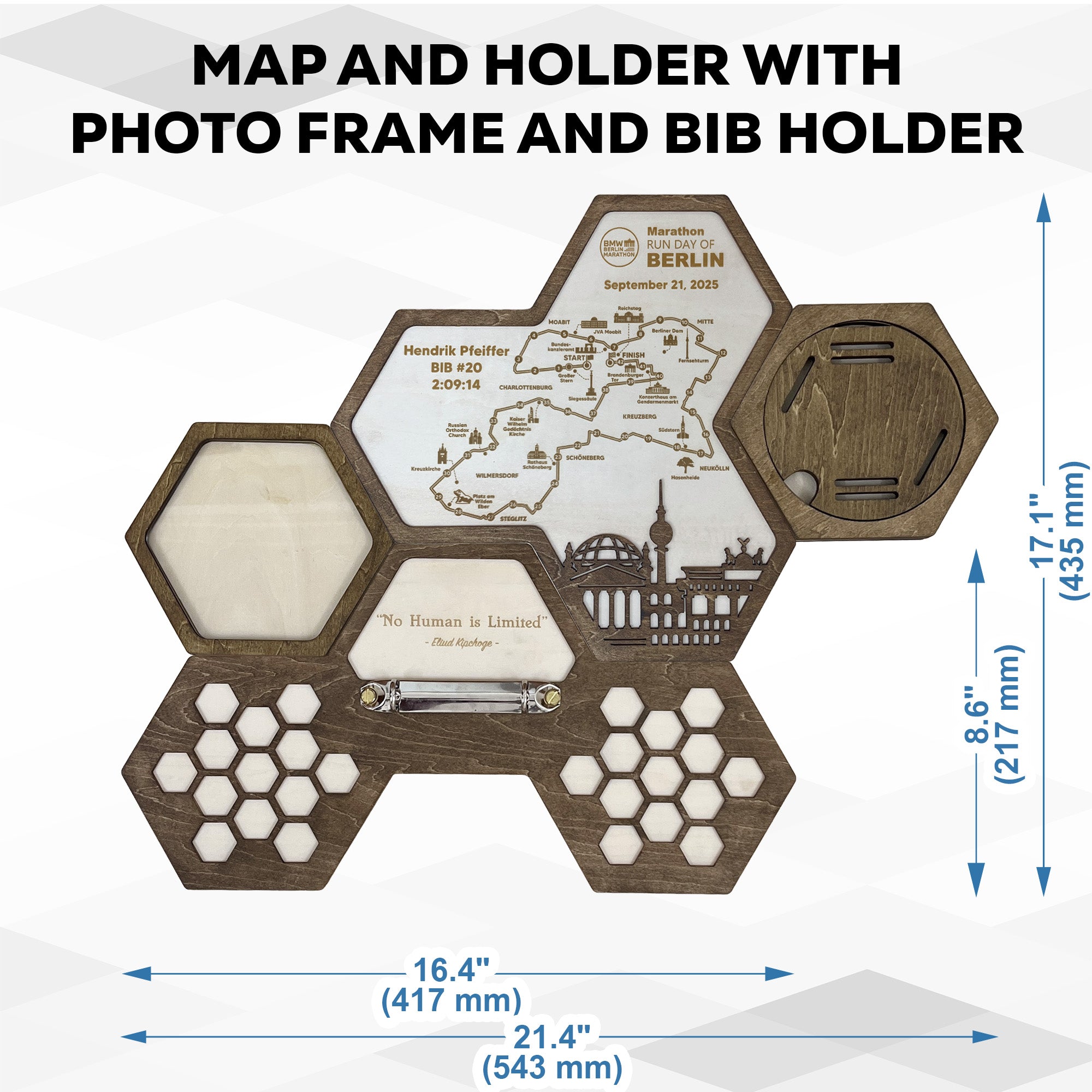 Berlin Marathon Hexagon Wooden Medal Hanger - Berlin World Marathon Majors Medal Display