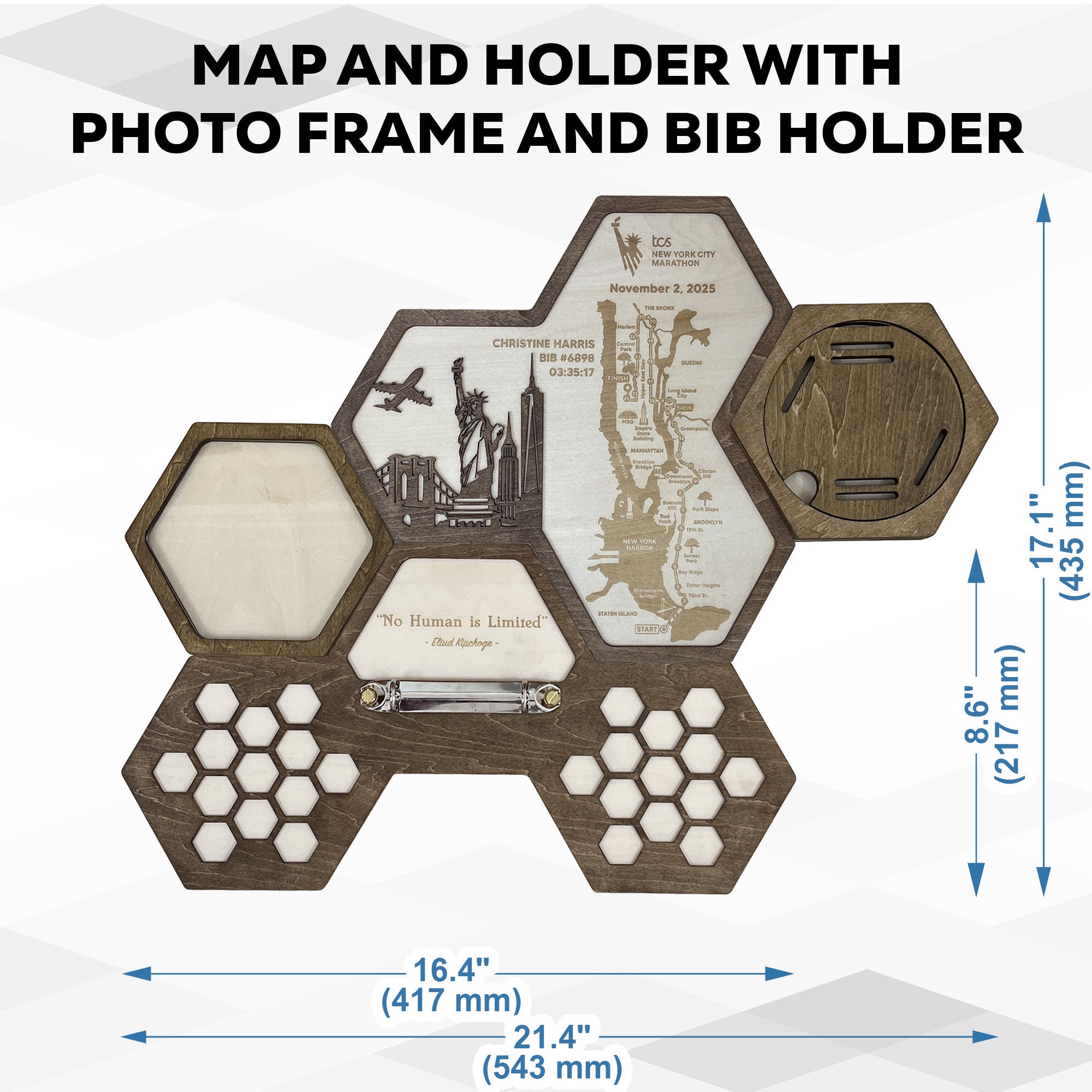 New York Marathon Hexagon Wooden Medal Hanger – Hexagon Running Medal Holder for World Marathon Majors Runners