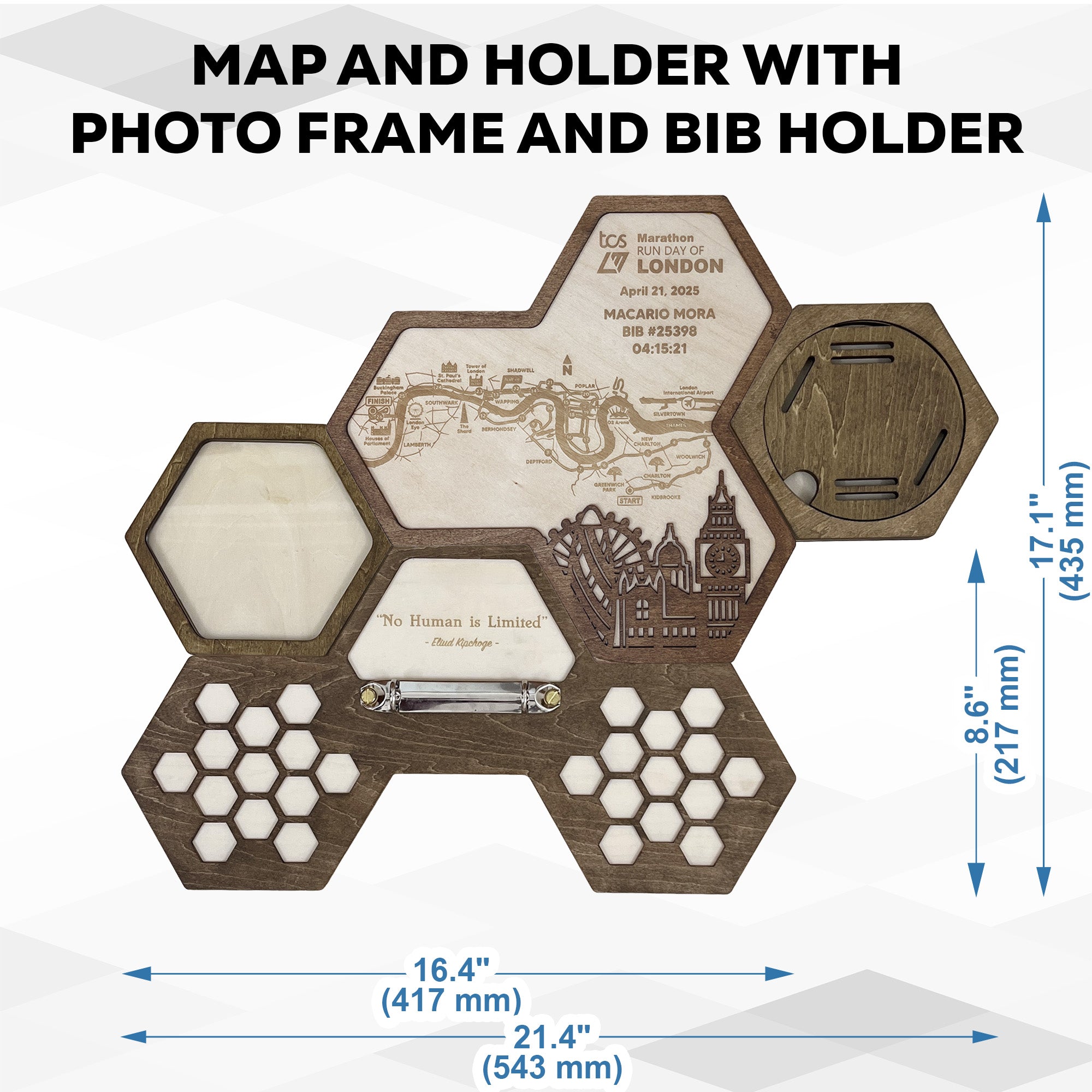 London Marathon Hexagon Wooden Medal Hanger - London World Marathon Majors Medal Display
