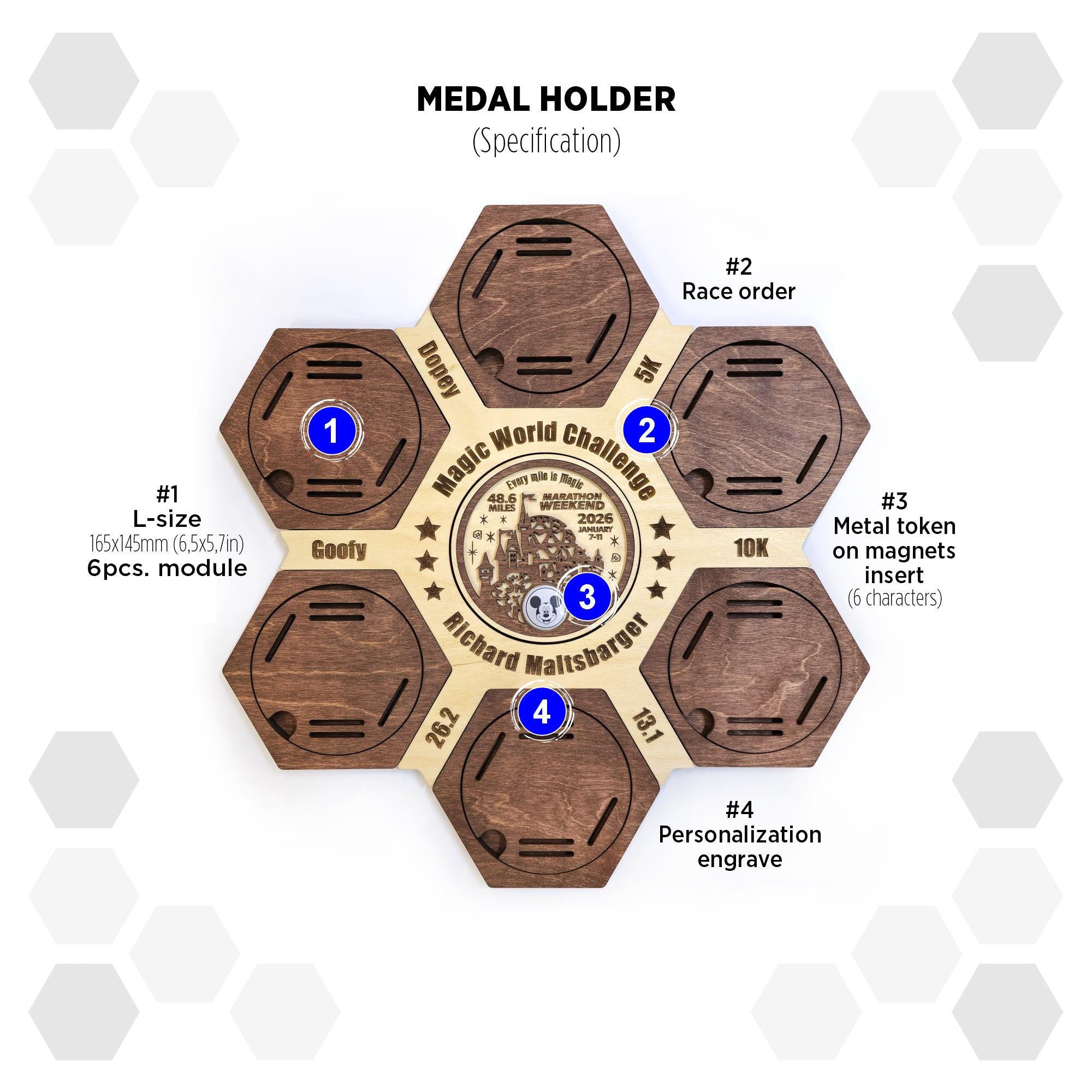 Magic World Marathon Hexagon medal hanger - Running Medal Display
