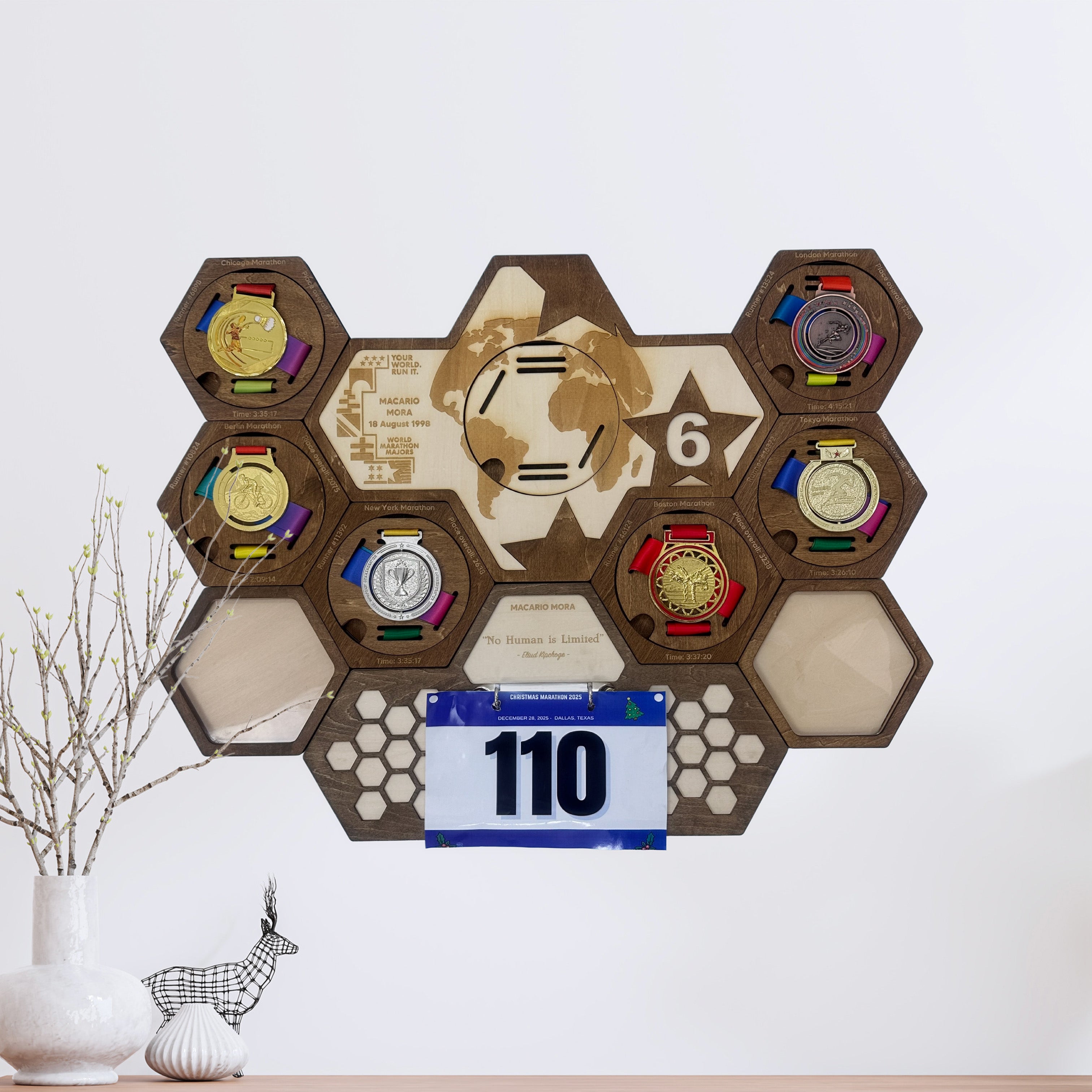 World Marathon Majors Six Star Finisher Hexagon Wooden Medal Hanger