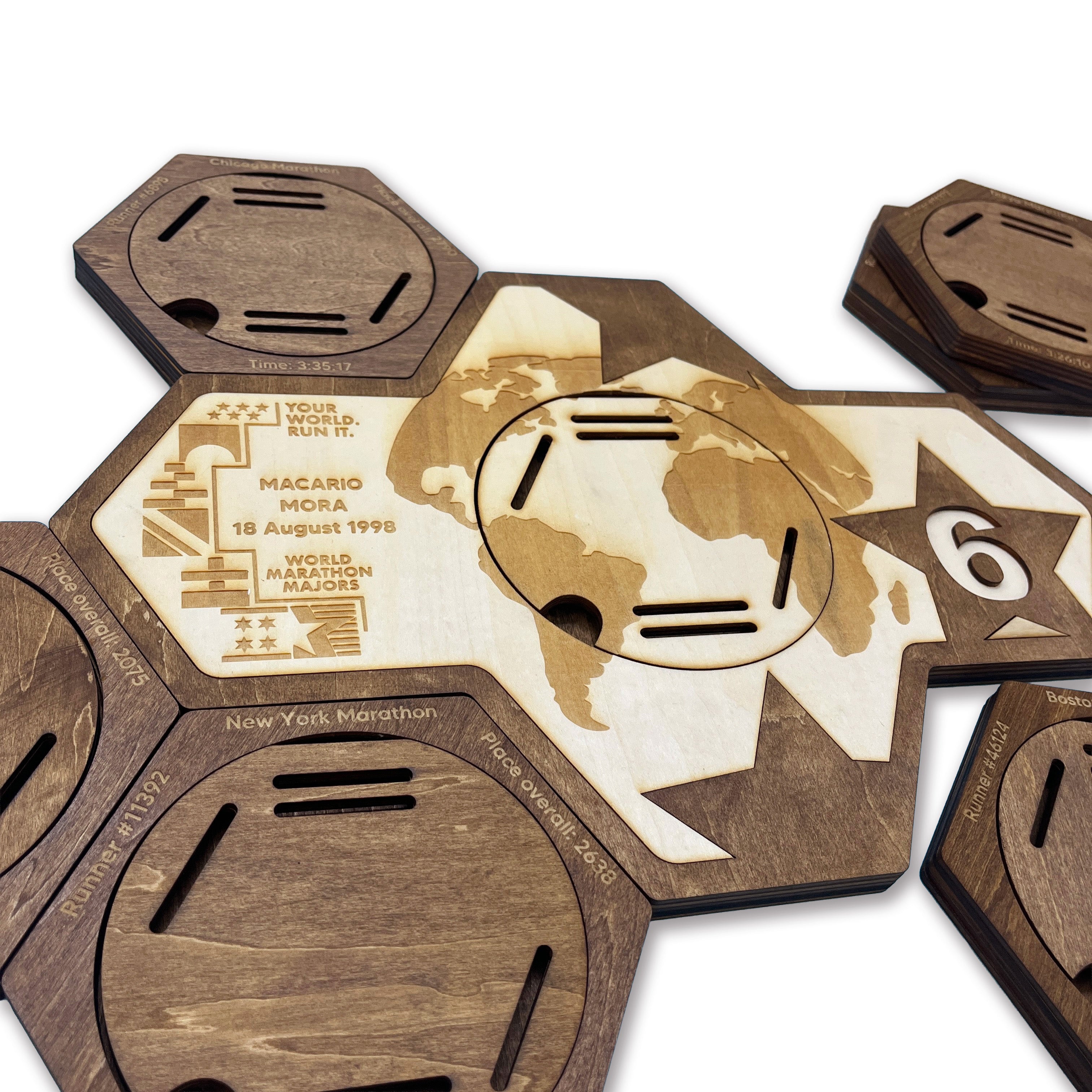 World Marathon Majors Six Star Finisher Hexagon Wooden Medal Hanger