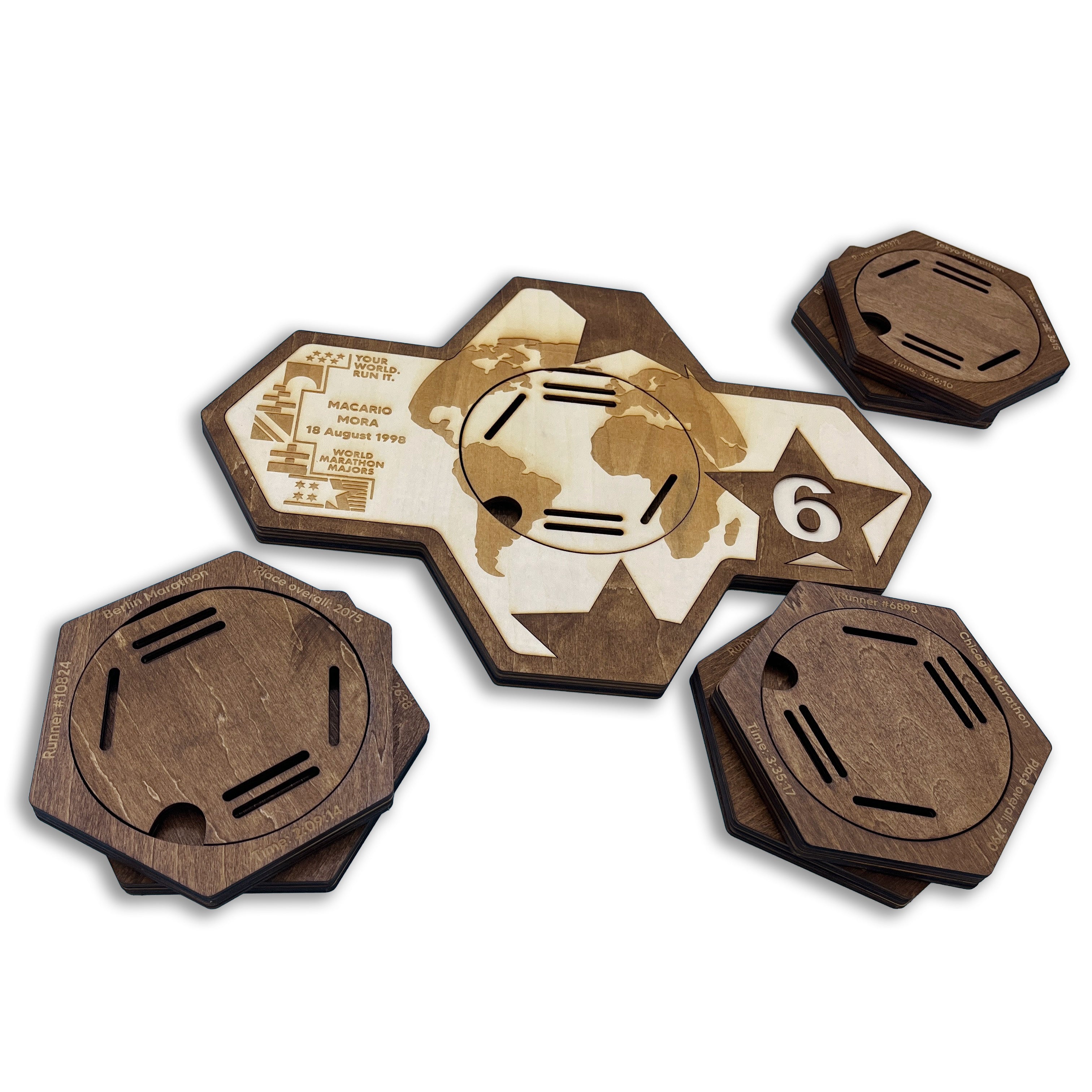 World Marathon Majors Six Star Finisher Hexagon Wooden Medal Hanger