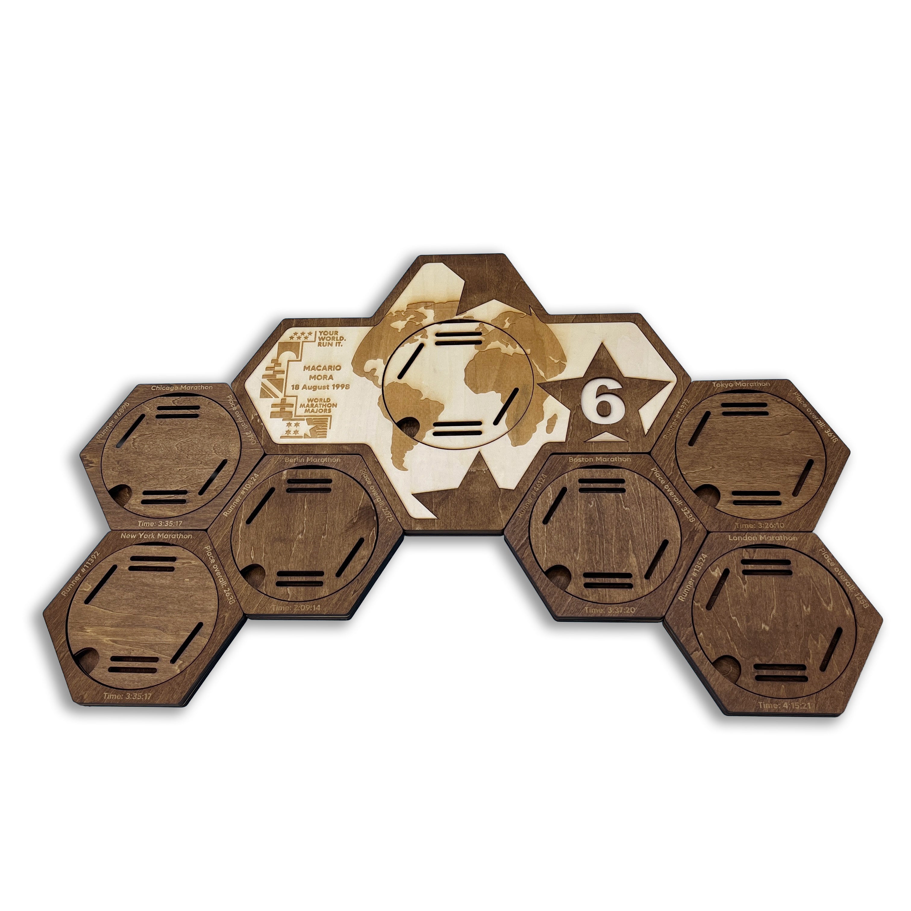 World Marathon Majors Six Star Finisher Hexagon Wooden Medal Hanger