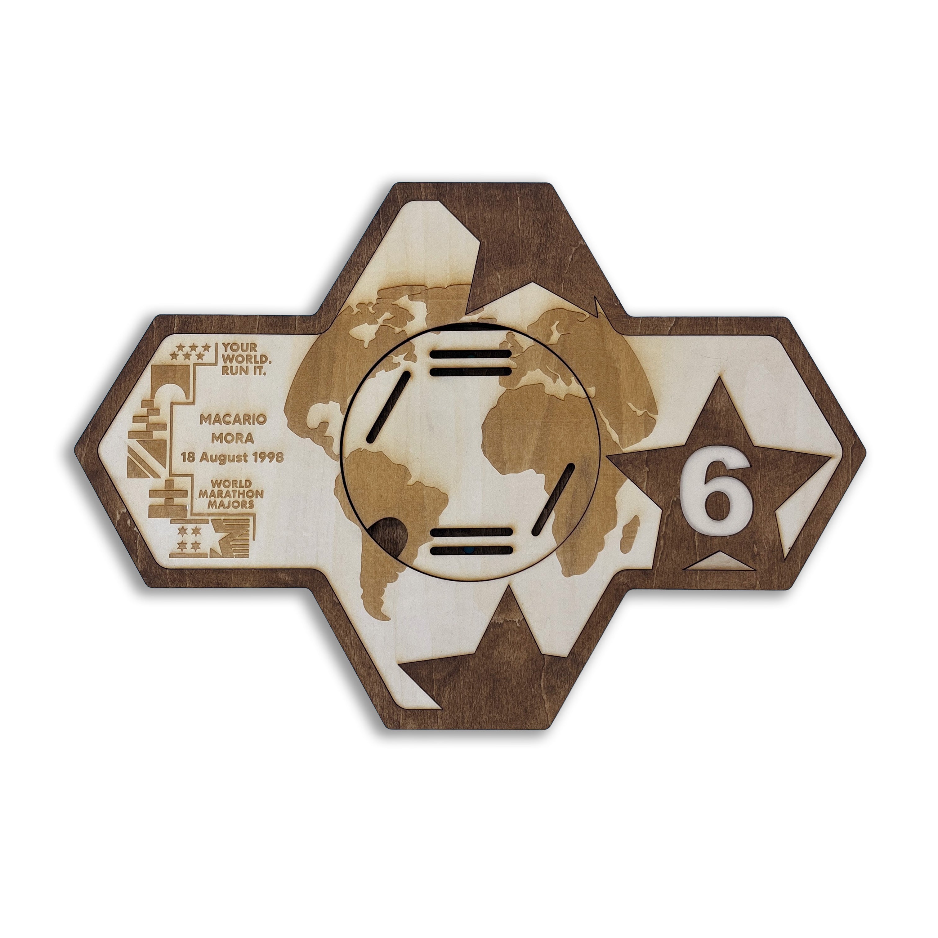 World Marathon Majors Six Star Finisher Hexagon Wooden Medal Hanger