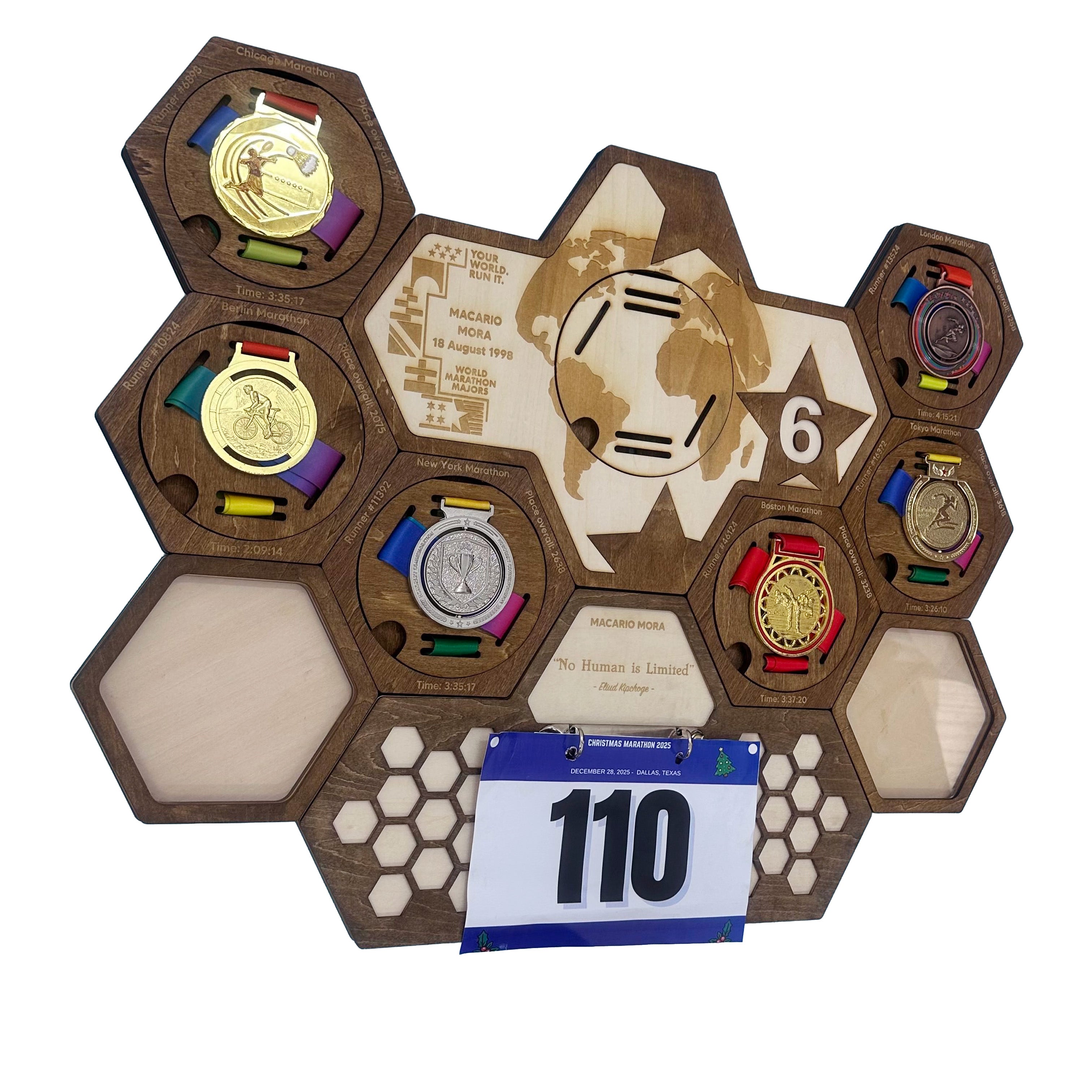 World Marathon Majors Six Star Finisher Hexagon Wooden Medal Hanger