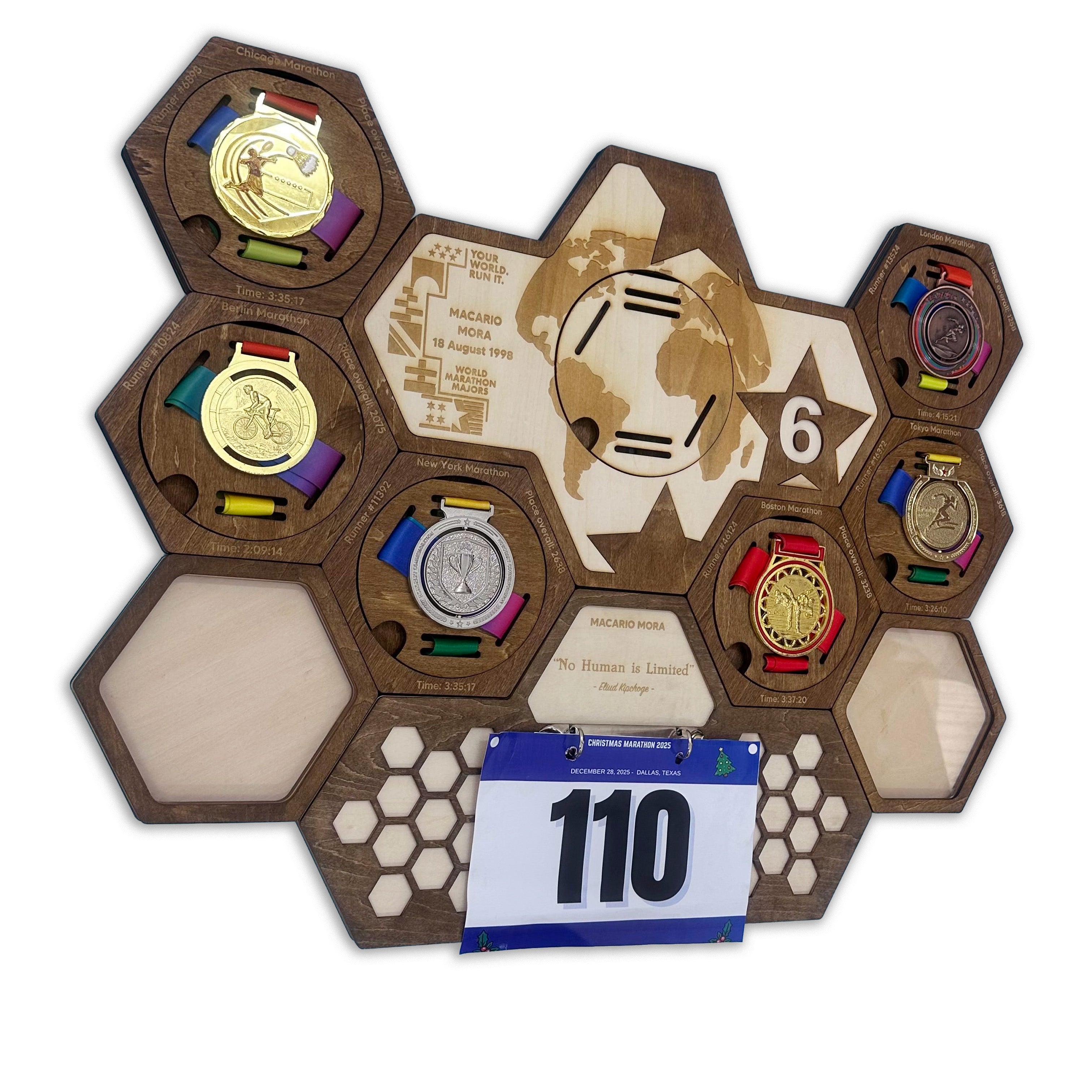 World Marathon Majors Six Star Finisher Hexagon Wooden Medal Hanger