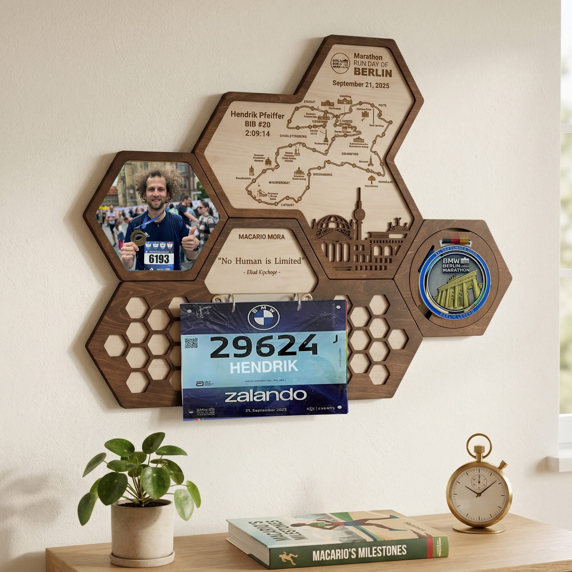 Berlin Marathon Hexagon Wooden Medal Hanger - Berlin World Marathon Majors Medal Display