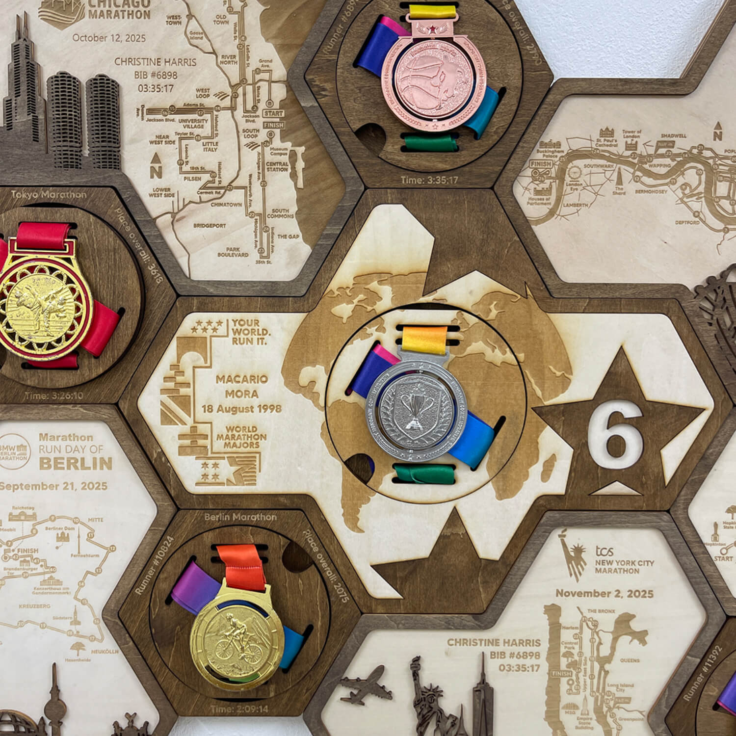 World Marathon Majors Six Star Finisher Wooden Medal Hanger